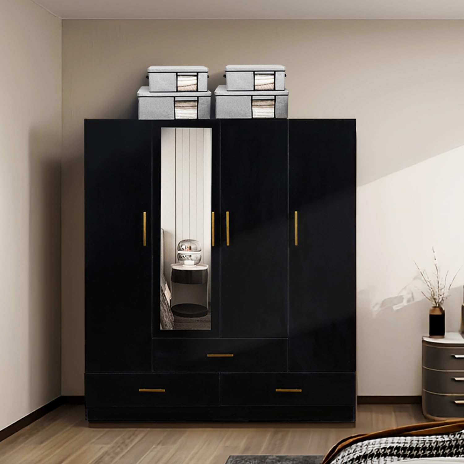 Black Wood Armoire Wardrobe Closet - 4 Doors, 3 Drawers with Hanging Rod, Mirror & Shelves | High Capacity Bedroom Storage Cabinet (63''L x 18.9''W x 70.8''H) | Perfect for Master Bedroom, Guest Room & Closet Organization
