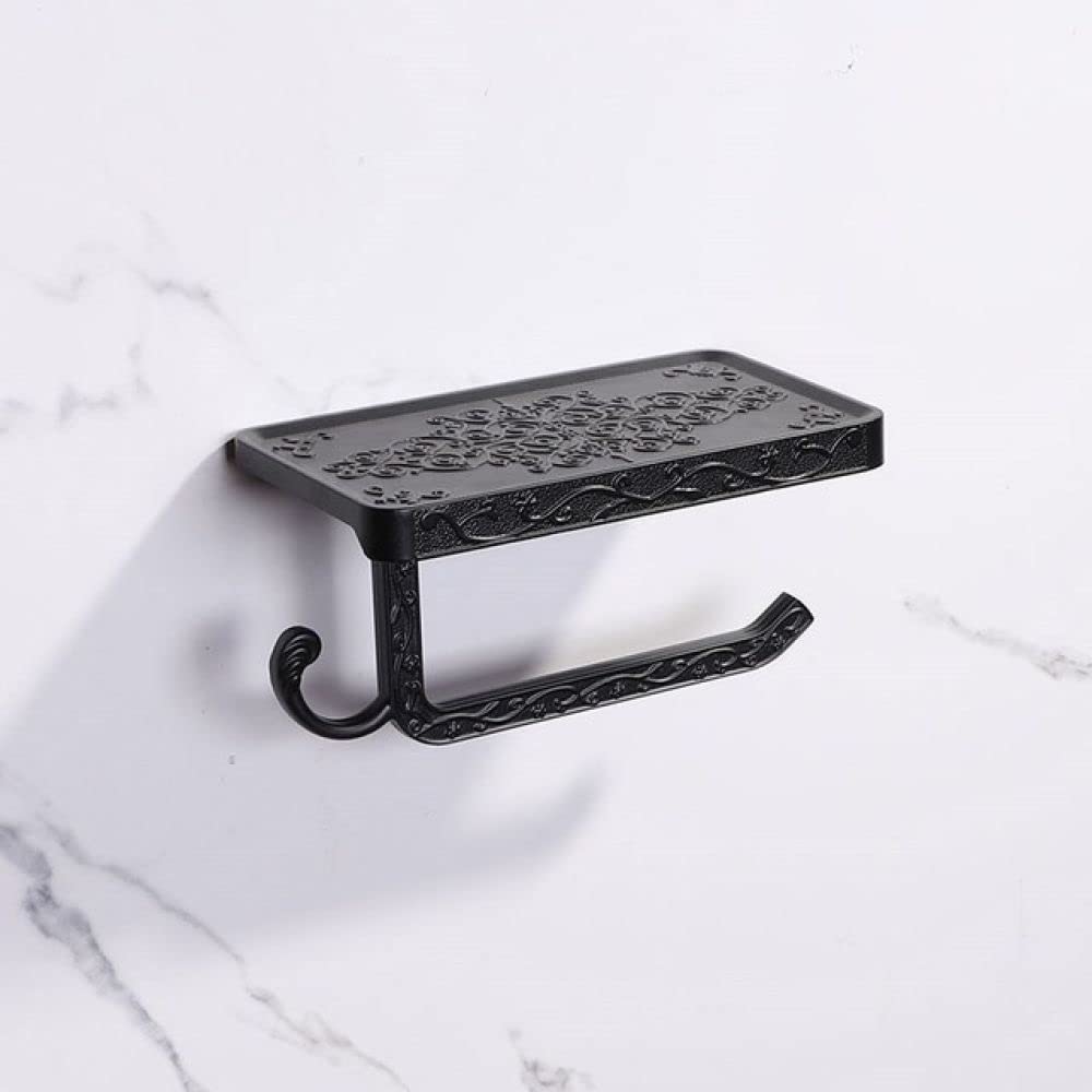 White Space-Saving Wall Mounted Aluminum Toilet Paper Holder with Shelf & Phone Stand - Bathroom Hardware Set for Modern & Antique Decor (Black) - Perfect for Small Bathrooms, Powder Rooms & RVs