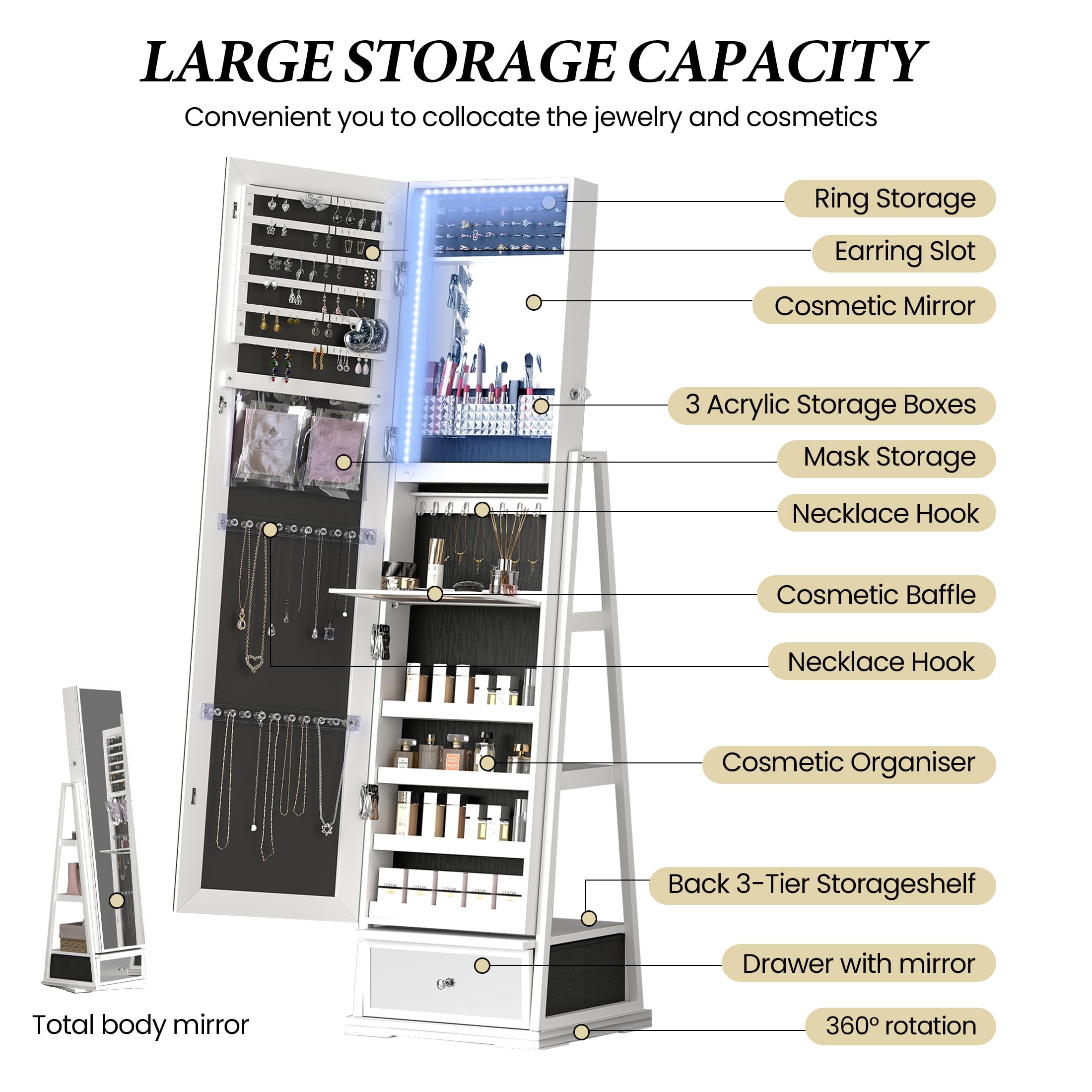 360° Swivel Jewelry Armoire with Full-Length LED Mirror - Lockable Standing Jewelry Cabinet with Rotating Shelves for Bedroom & Cloakroom Organization (White) | Perfect for Jewelry Storage, Vanity Dressing & Closet Organization