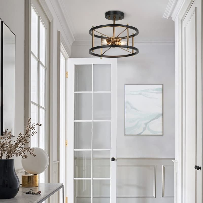 Modern 2-Light Black Gold Metal Drum Semi-Flush Mount Ceiling Light Fixture - 12