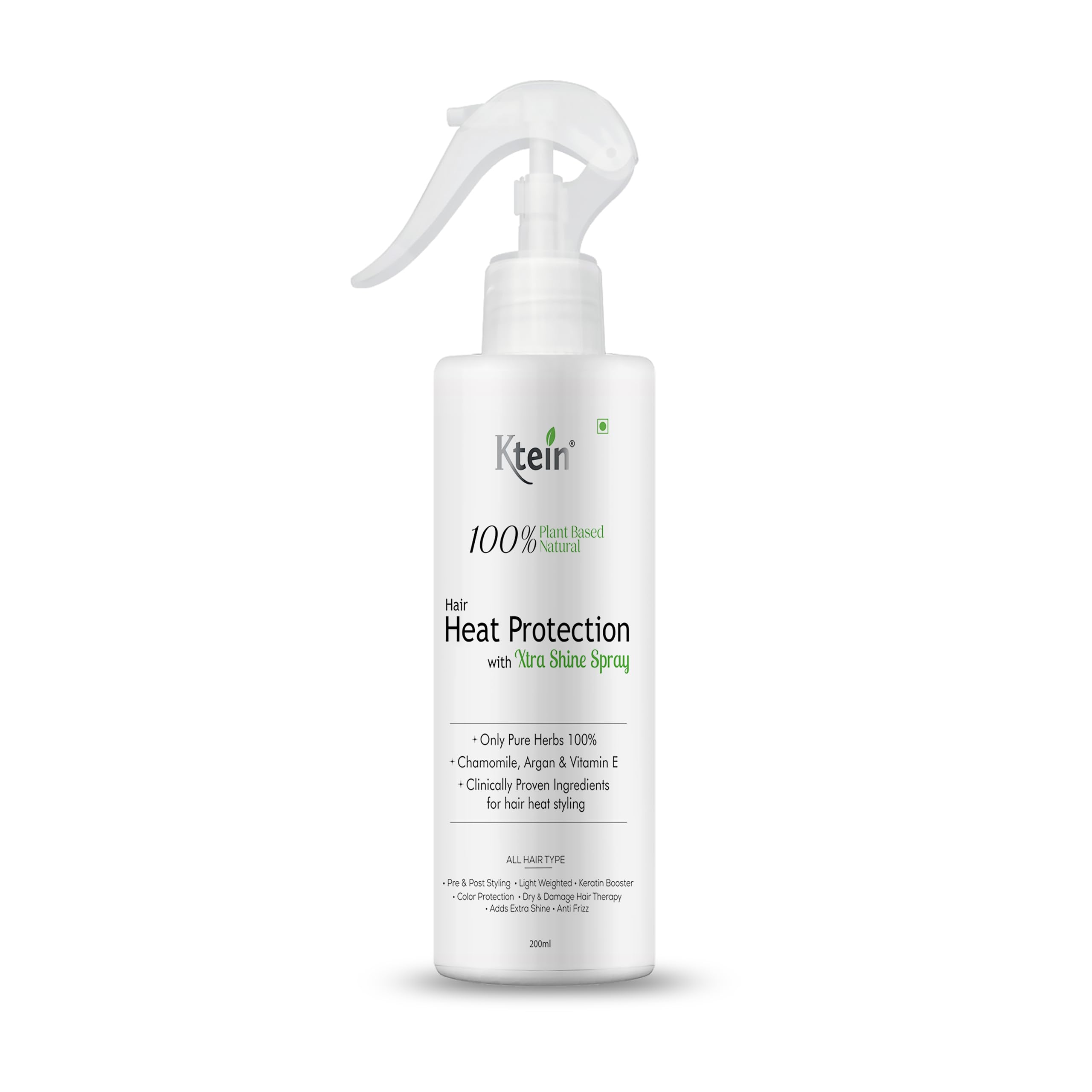 Ktein 100% Plant-Based Natural Hair Heat Protection Spray with Extra Shine (200ml) - Vegan, Sulfate-Free Styling for Curly, Straight & Damaged Hair - Perfect for Blowouts, Flat Ironing & Daily Styling
