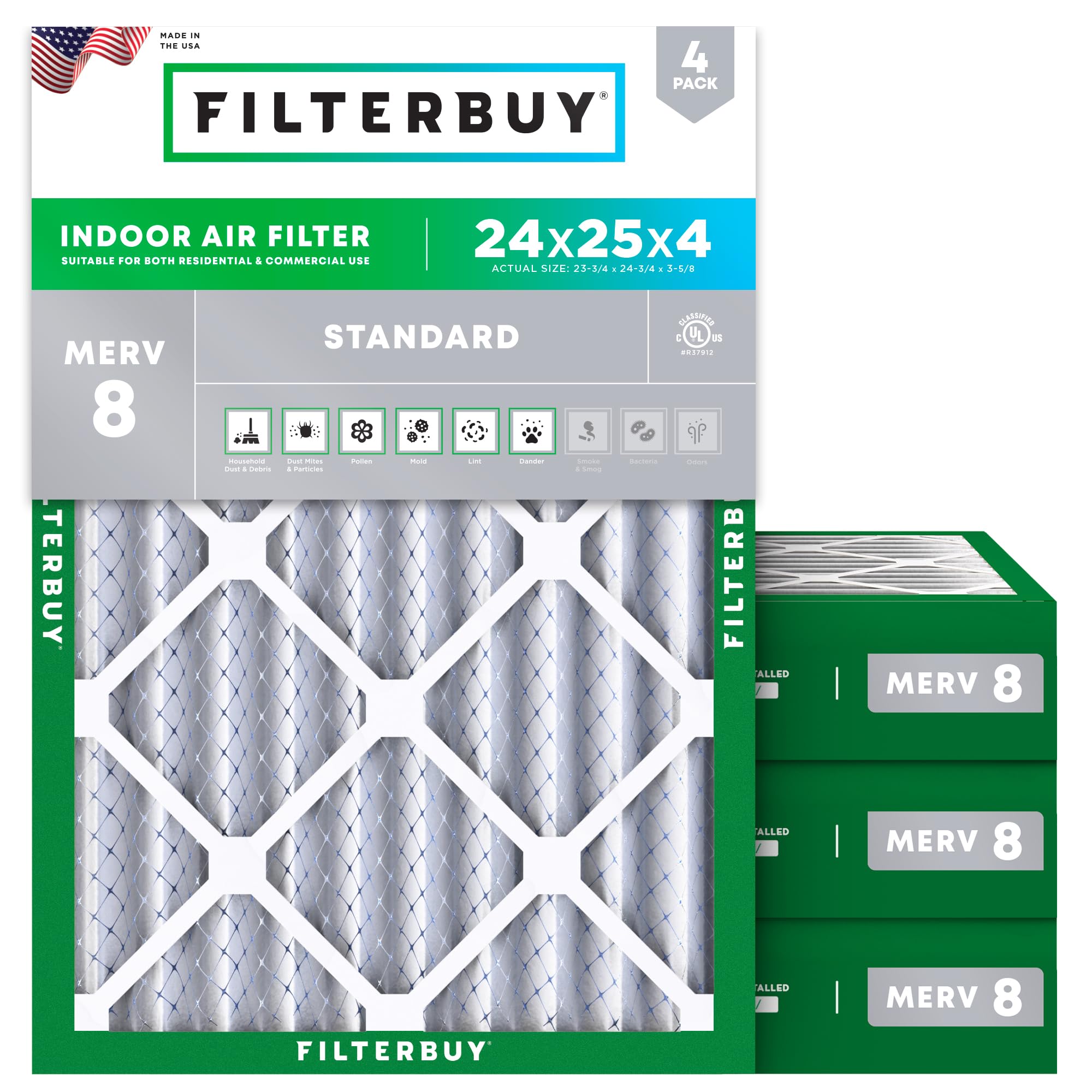 Filterbuy 24x25x4 MERV 8 Pleated Air Filters (4-Pack) - 23.75x24.75x3.63 Inches - HVAC, AC & Furnace Replacement Filters for Dust Defense - Perfect for Home, Office & Commercial Use