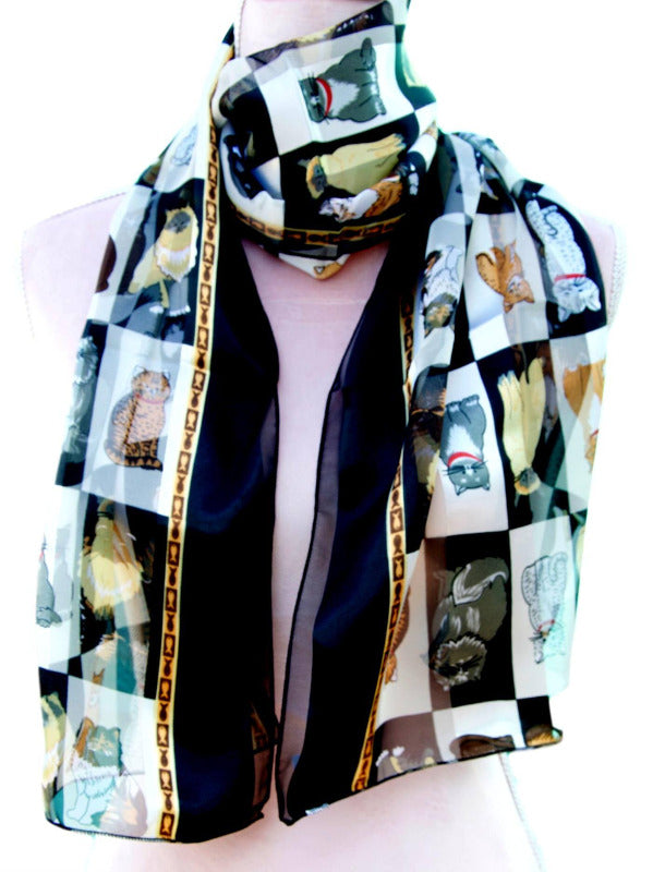 Soft Lightweight Cat Print Chiffon Scarf for Women - Elegant Fashion Accessory for Casual Outfits & Special Occasions