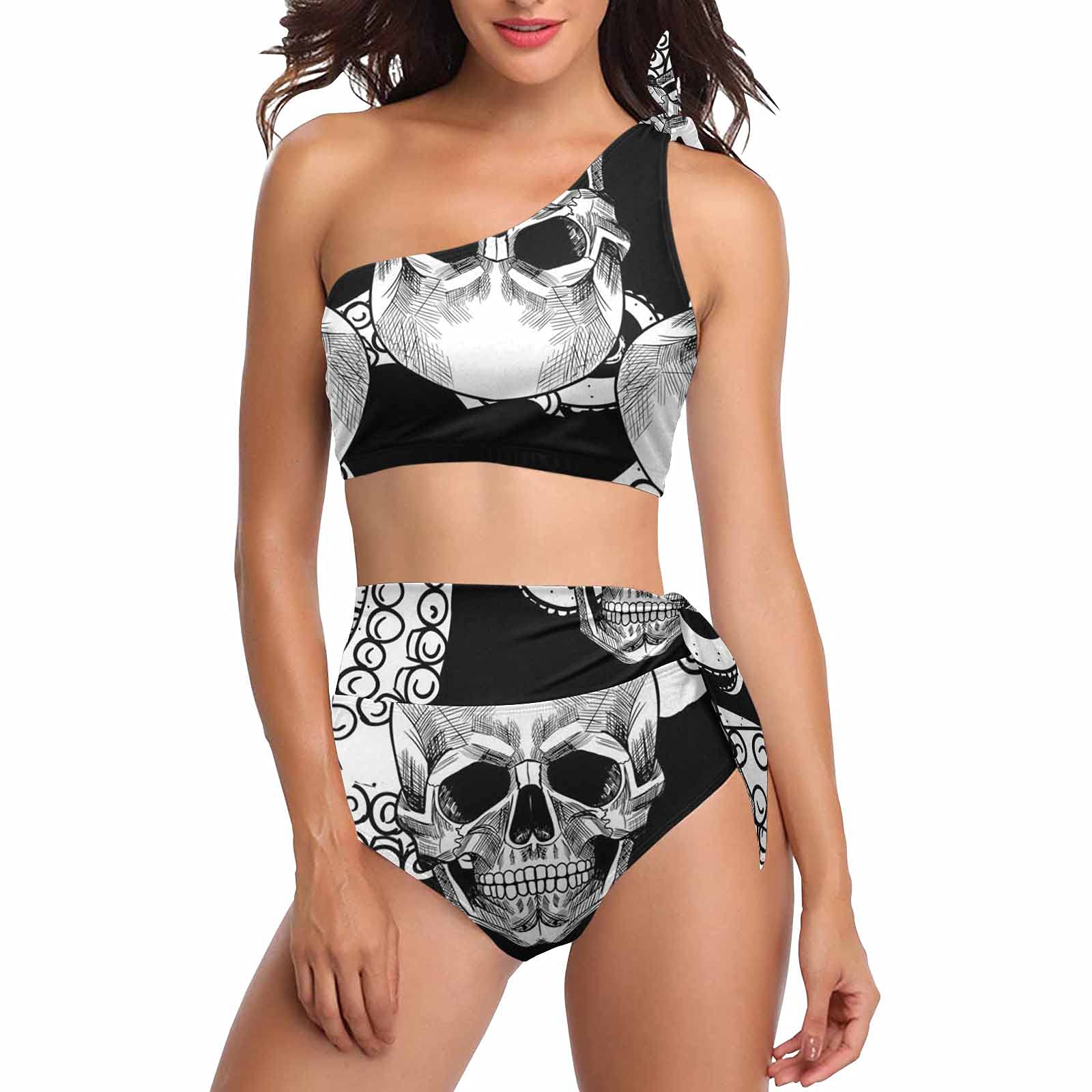 **InterestPrint Skull & Flowers Women's High Waisted Bikini Set - One Shoulder Tankini Swimwear for Beach, Pool & Summer Vacations**