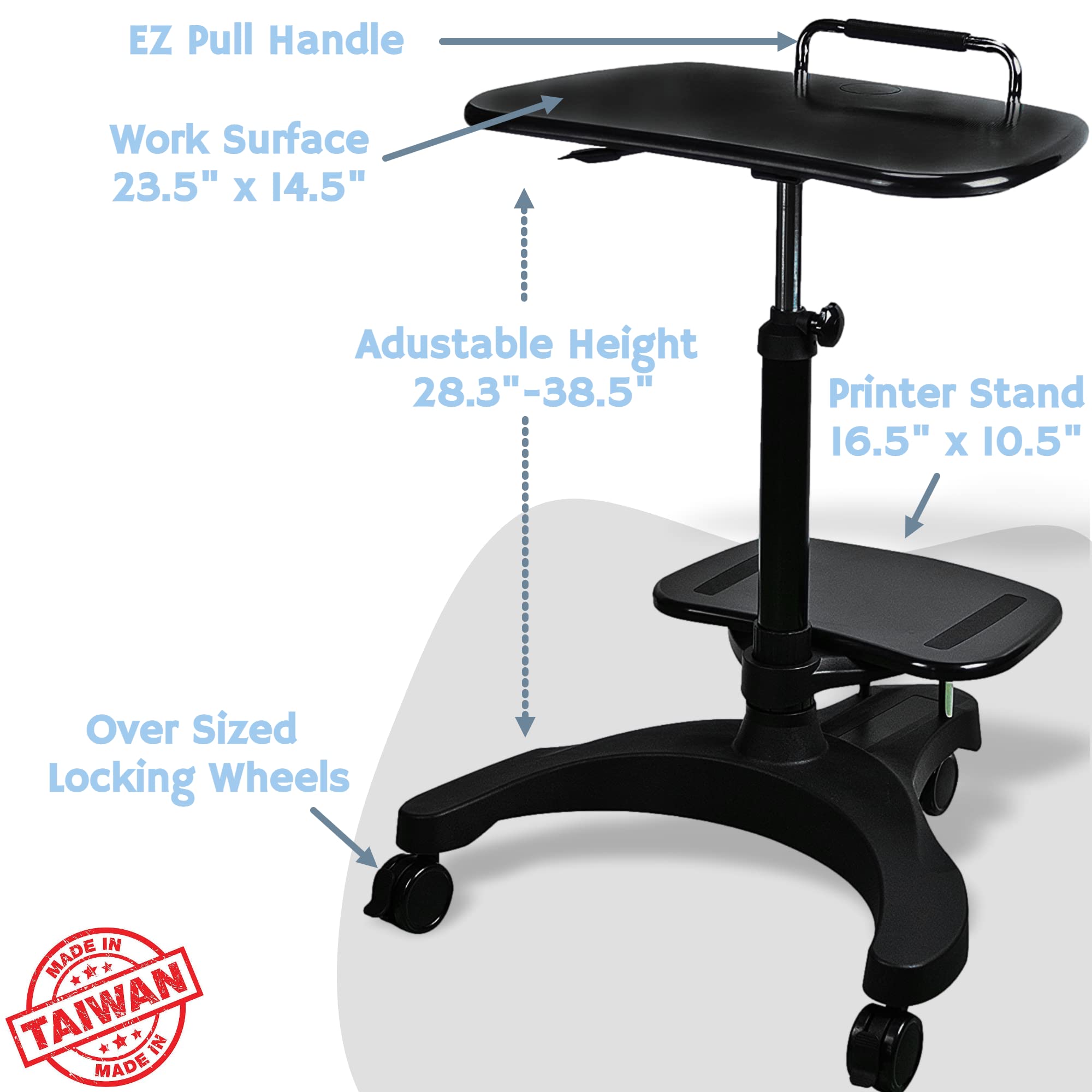Aidata Ergonomic Adjustable Height Sit-Stand Mobile Laptop Cart Workstation with Printer Shelf - Perfect for Home Office, Classroom & Hospital Use