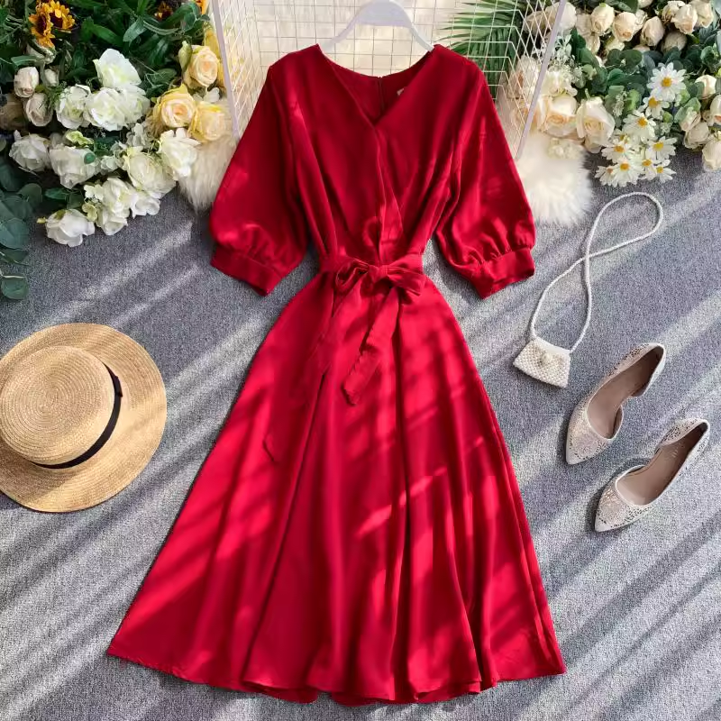 Stylish V-Neck Midi Skirt with Belt - Women's Fashion Mid-Length Skirt for Casual Wear & Office Outfits | Perfect for Spring/Summer Dresses & Everyday Elegance
