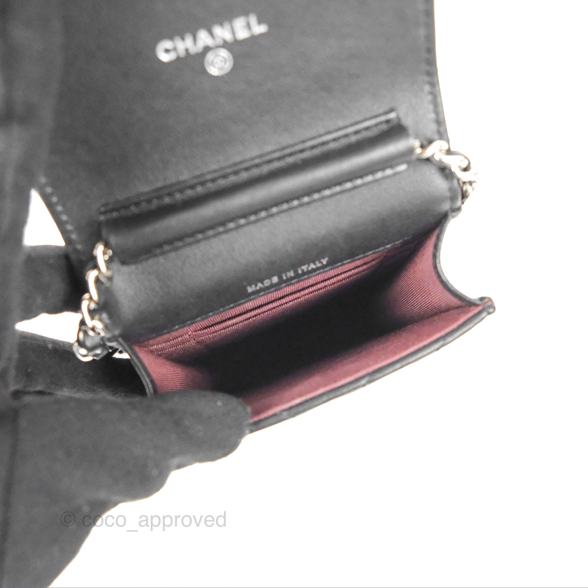 Chanel Classic Chevron Phone Holder - Black Calfskin with Silver Hardware | Luxury Phone Accessory for iPhone & Samsung | Perfect for Office, Travel & Daily Use