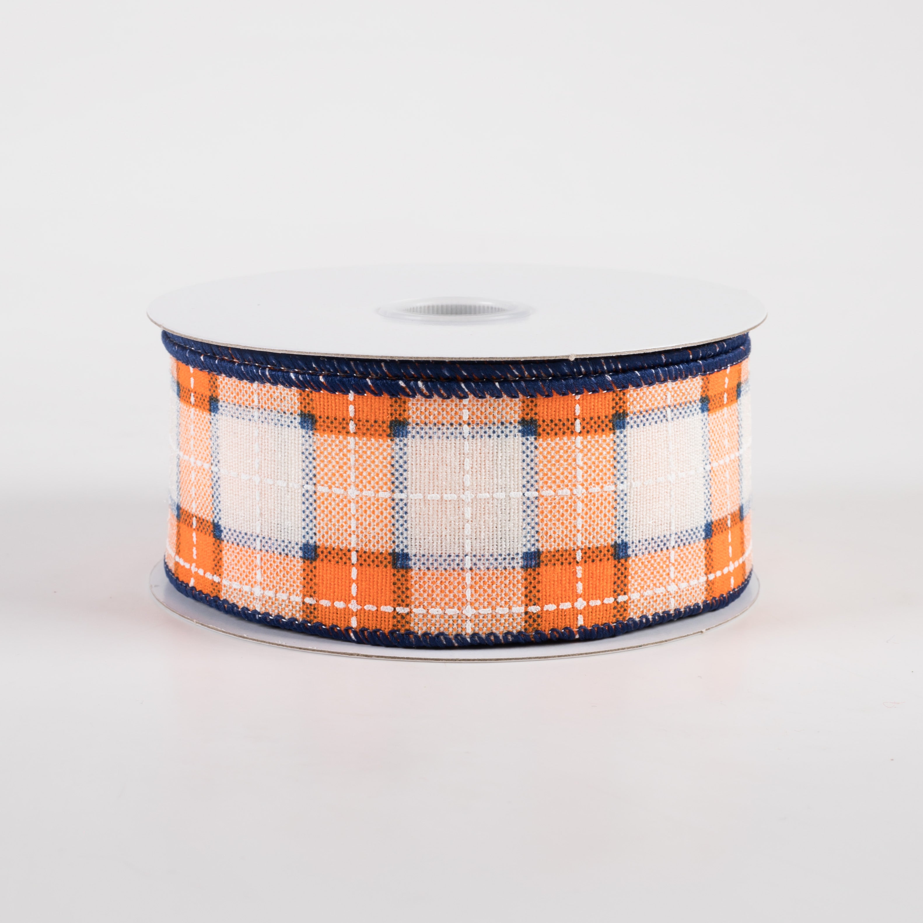 1.5 Inch Canvas Printed Plaid Ribbon - Orange, Navy & White Checkered Fabric Ribbon (10 Yards) for Gift Wrapping, DIY Crafts, Scrapbooking & Home Decor