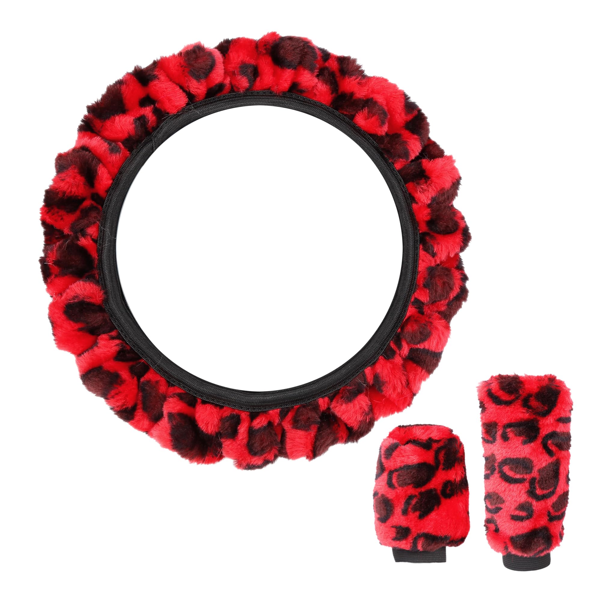 X AUTOHAUX Universal Elastic Leopard Print Fluffy Steering Wheel Cover & Handbrake Gear Shift Cover Set - Red | Soft Grip for Comfort & Style | Perfect for Winter Driving & Car Interior Decoration