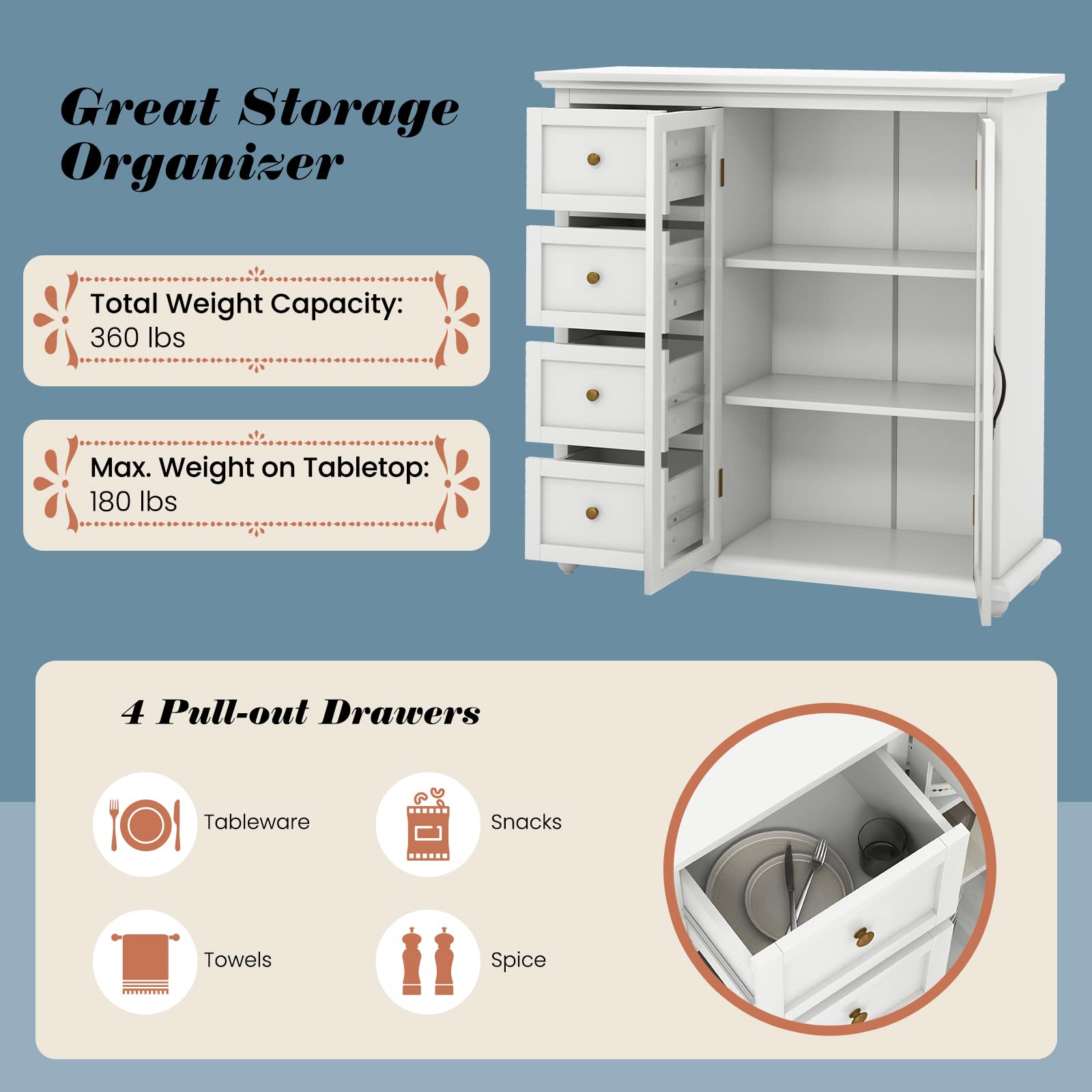 COSTWAY White Sideboard Cabinet with 4 Drawers & Glass Doors - Kitchen & Dining Room Storage