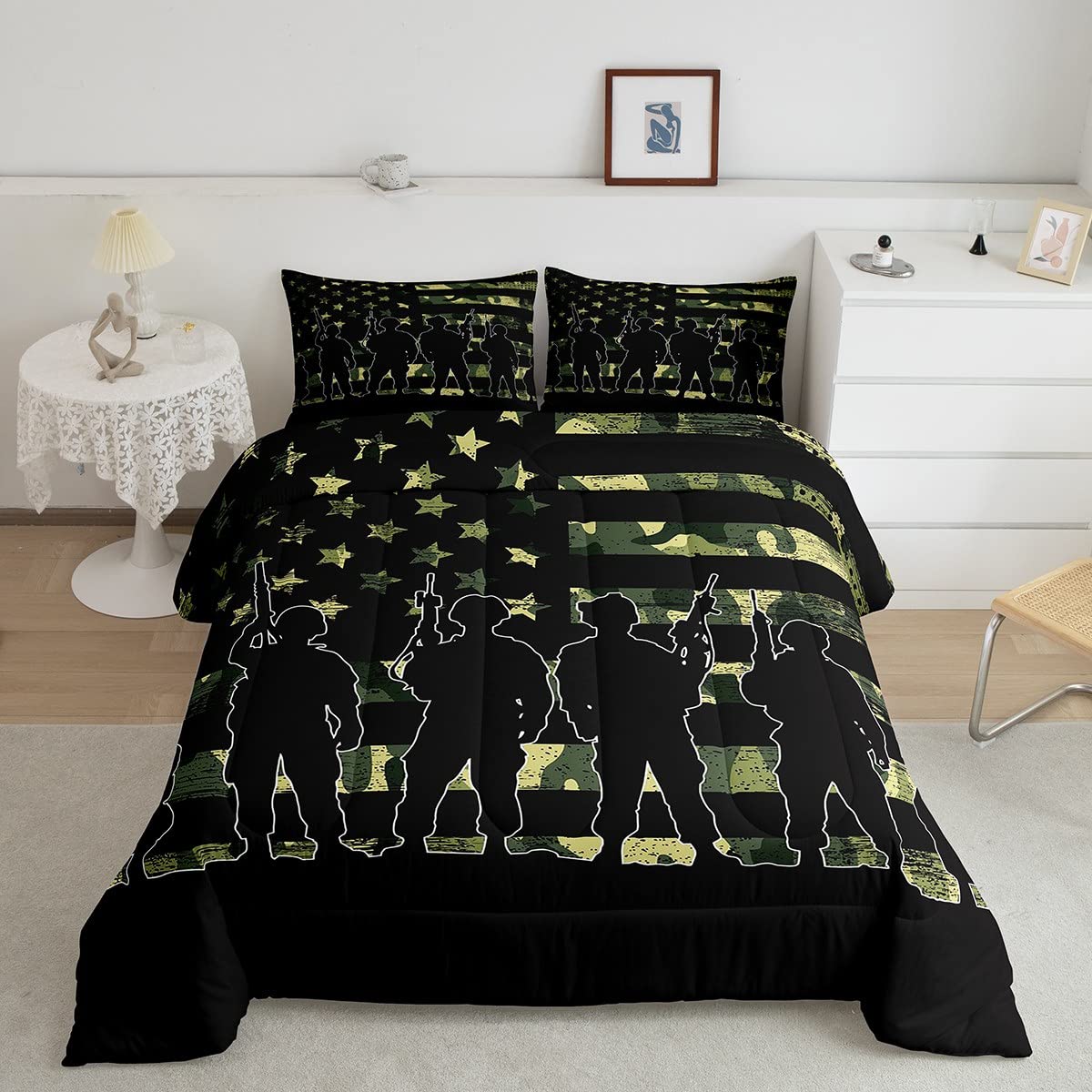American Flag Camo Comforter Set - Twin Size Military Bedding for Boys, Teens & Adults - Army Green Camouflage Quilted Duvet with Soldier Silhouettes - Includes 1 Comforter + 1 Pillowcase - Perfect for Military Themed Bedrooms, Patriotic Decor & Veteran Gifts