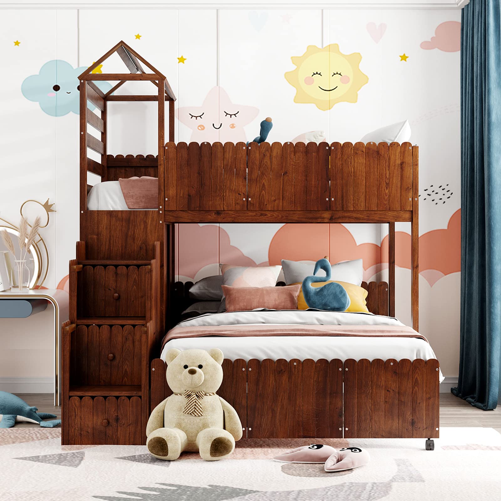 Wooden Twin Over Full Bunk Bed with Stairs, Storage Drawers & Bookcase - Playhouse Loft Bed for Kids, Boys & Girls - Perfect for Small Bedrooms, Shared Kids' Rooms & Cabin Themed Decor
