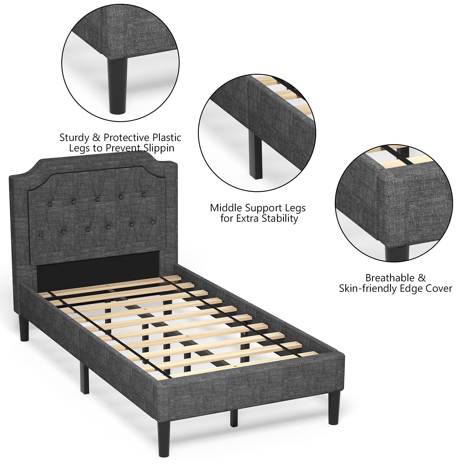 Giantex Twin Size Upholstered Bed Frame with Button Stitched Headboard - Sturdy Metal Frame & 10 Wooden Slats Support - No Box Spring Needed - Perfect for Small Bedrooms, Guest Rooms & Dorm Rooms