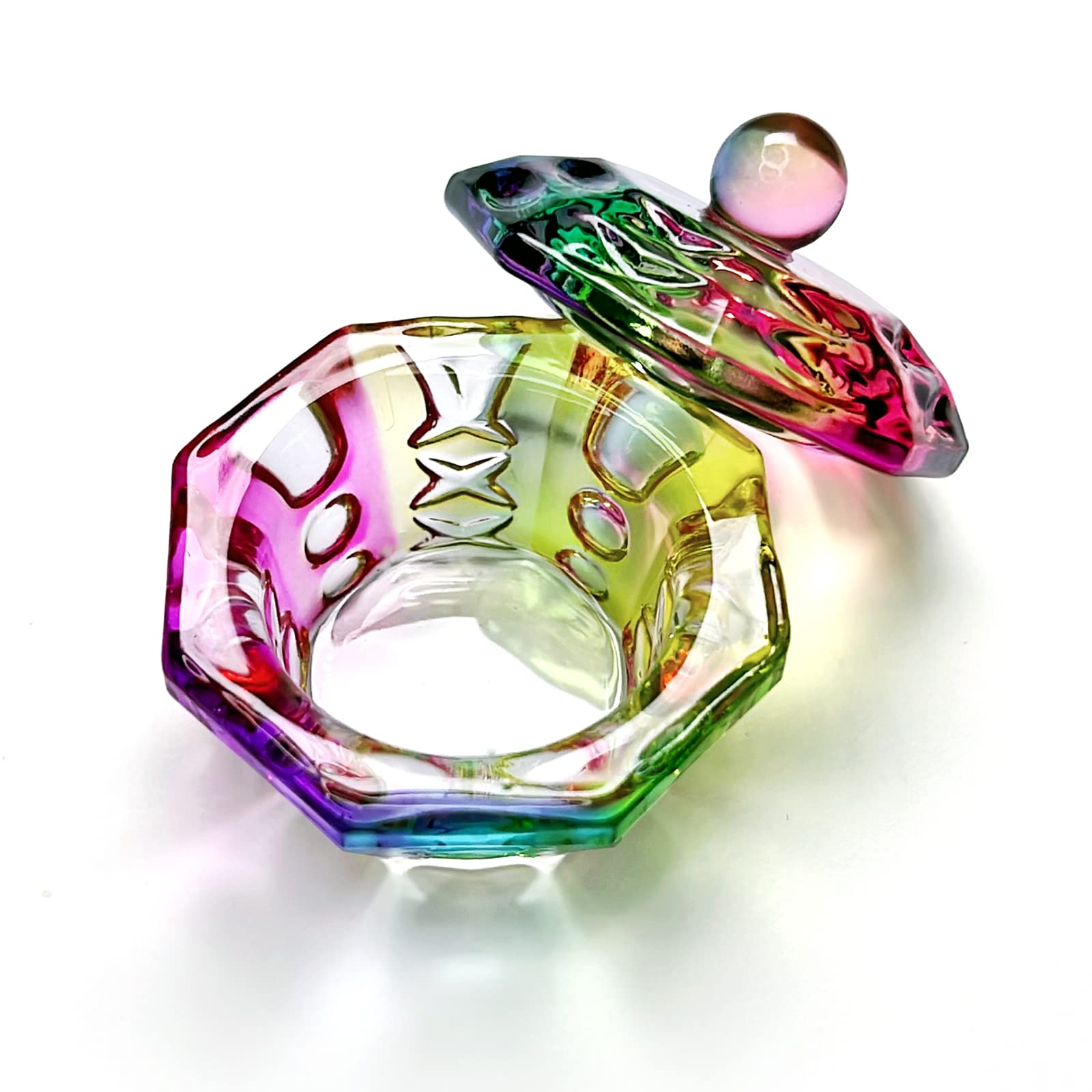 Crystal Rainbow Glass Dappen Dish with Lid for Acrylic Nails - Octagon Shaped Nail Liquid & Powder Glassware Bowl (YSHJB007) | Perfect for Nail Art, Salon Use & DIY Manicures
