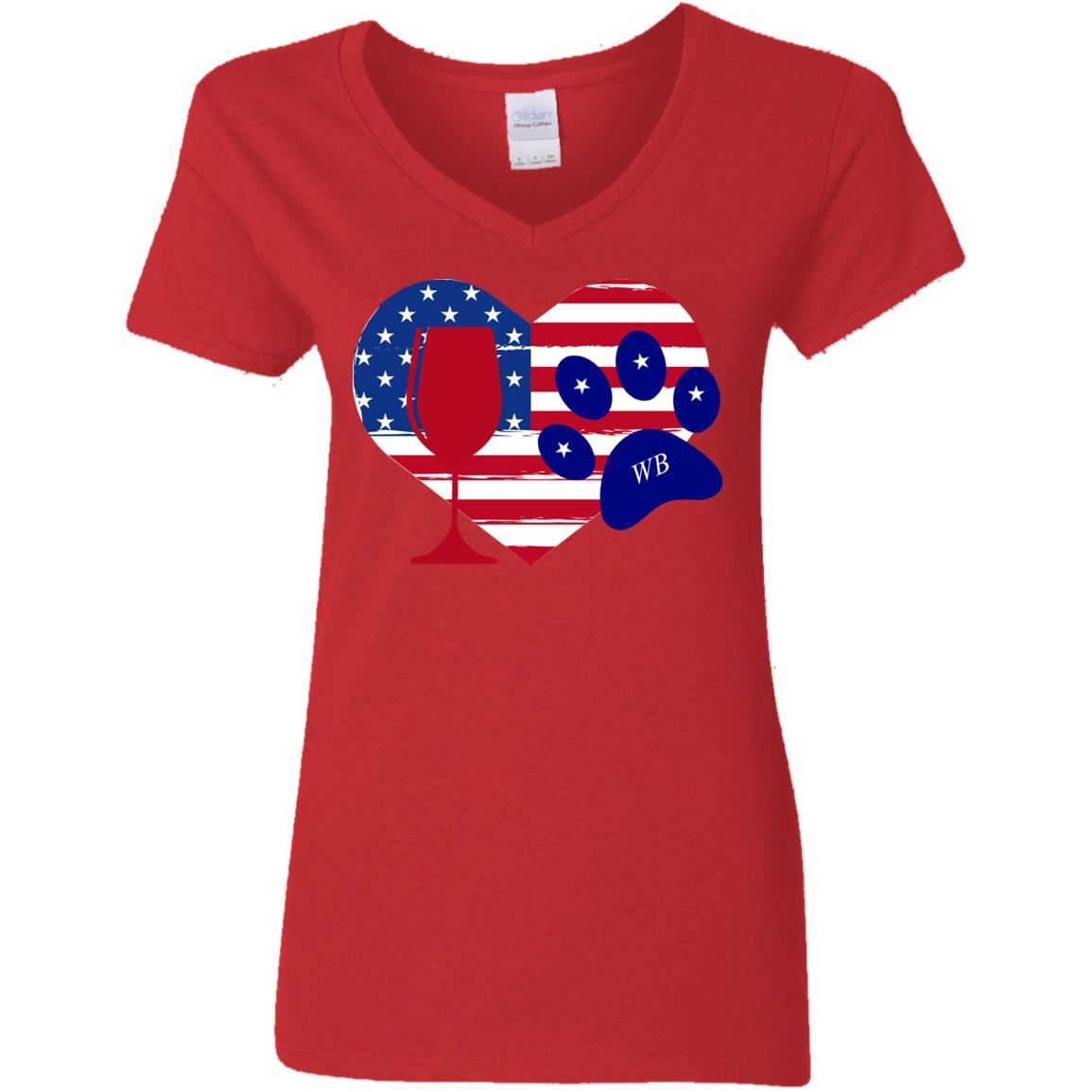 WineyBitches.Co American Wine Paw Heart Ladies' 5.3 oz V-Neck T-Shirt - Perfect for Wine Lovers, Casual Wear & Girls' Night Out
