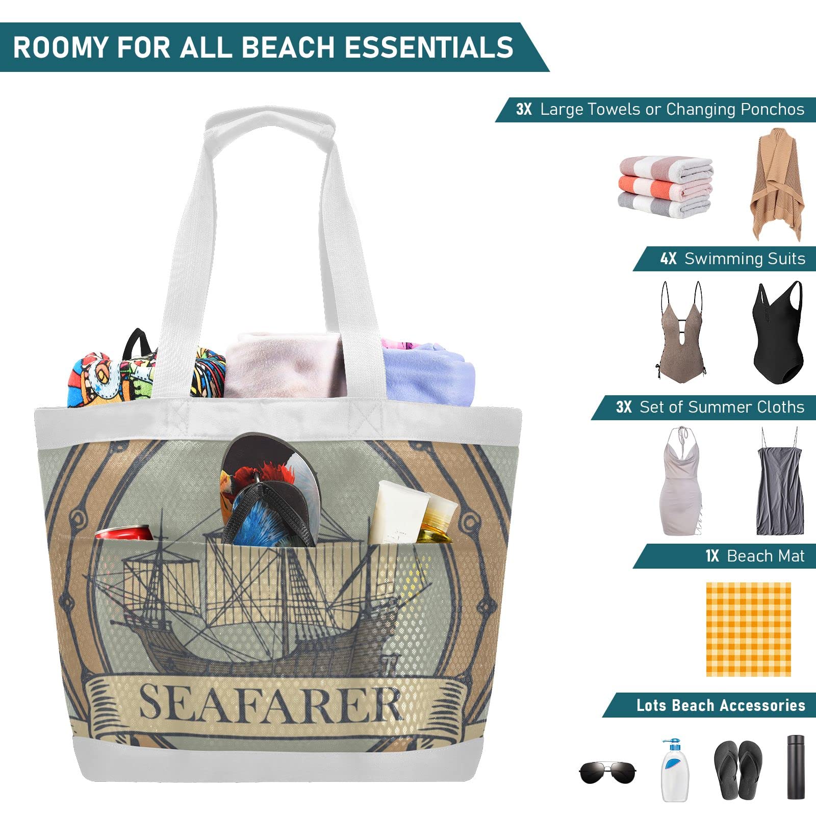 J JOYSAY Water Resistant Mesh Beach Tote Bag - Large Yacht Sailing Shoulder Bag for Women, Durable Beach Accessories (Perfect for Pool, Vacation, Travel & Summer Outings)