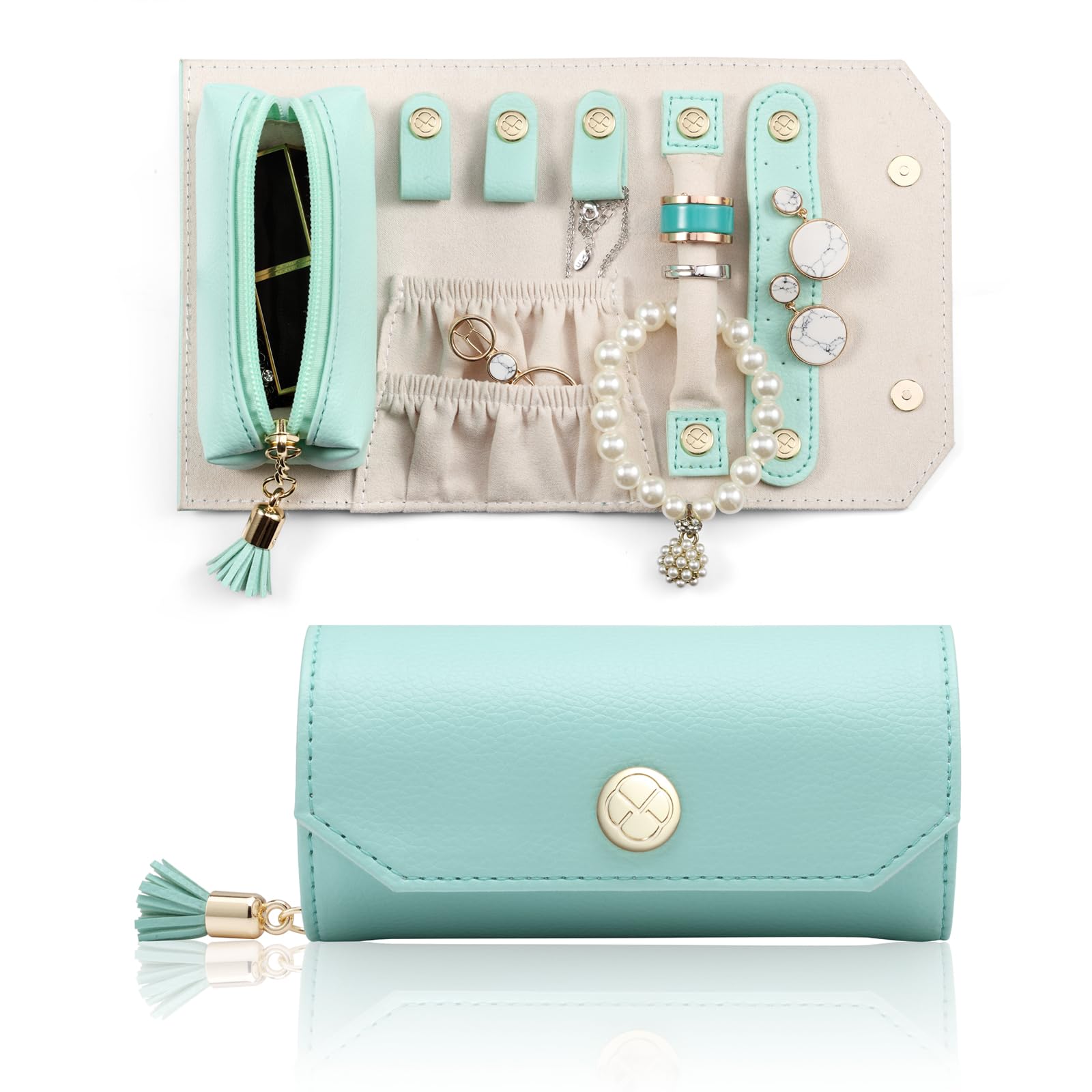 Vlando Small Leather Jewelry Roll Organizer - Compact Travel Jewelry Case with Mint Green Pouch for Necklaces, Rings & Earrings - Perfect for Daily Storage, Vacation Trips & Gift Giving