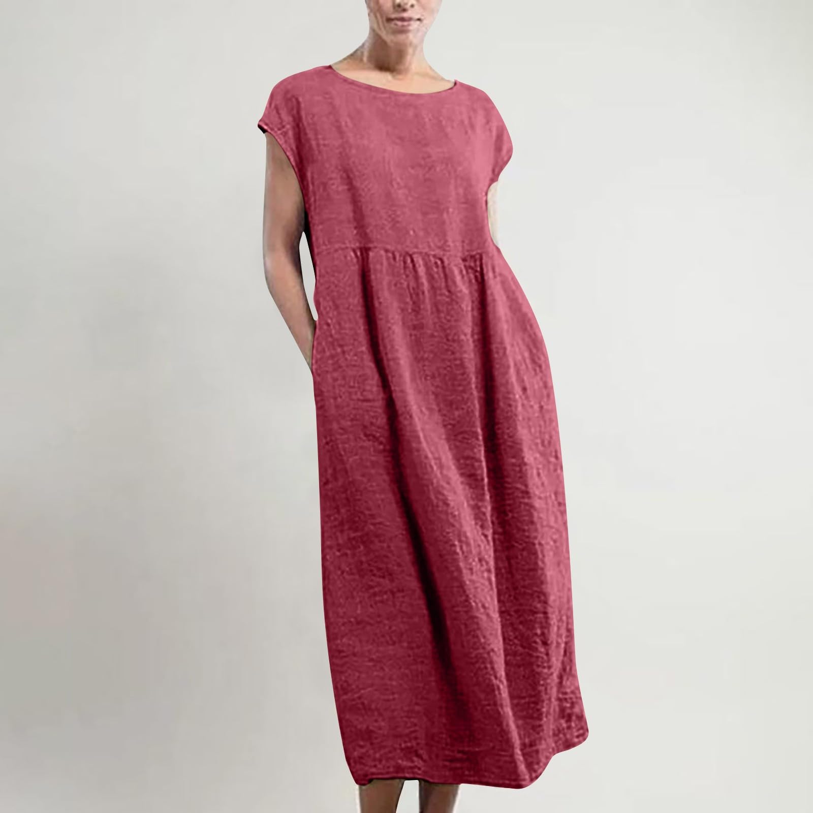 NaRHbrg Women's Long Sleeve Summer Dress - Cotton Linen Casual Maxi Dress with Pockets | Cap Sleeve Solid Kaftan T-Shirt Dress for Beach, Vacation & Everyday Wear