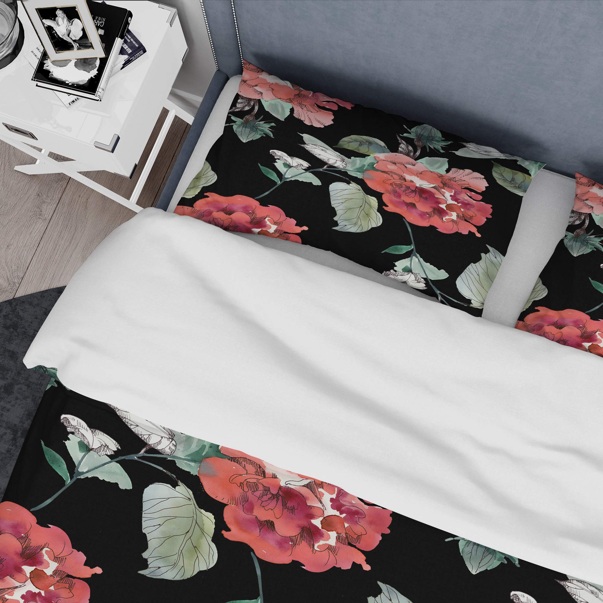 DesignQ Red Rose on Black Background Nautical & Coastal Duvet Cover Set - Twin Size Floral Bedding (3-Piece) for All Seasons | Perfect for Beach House, Guest Room & Coastal-Themed Decor
