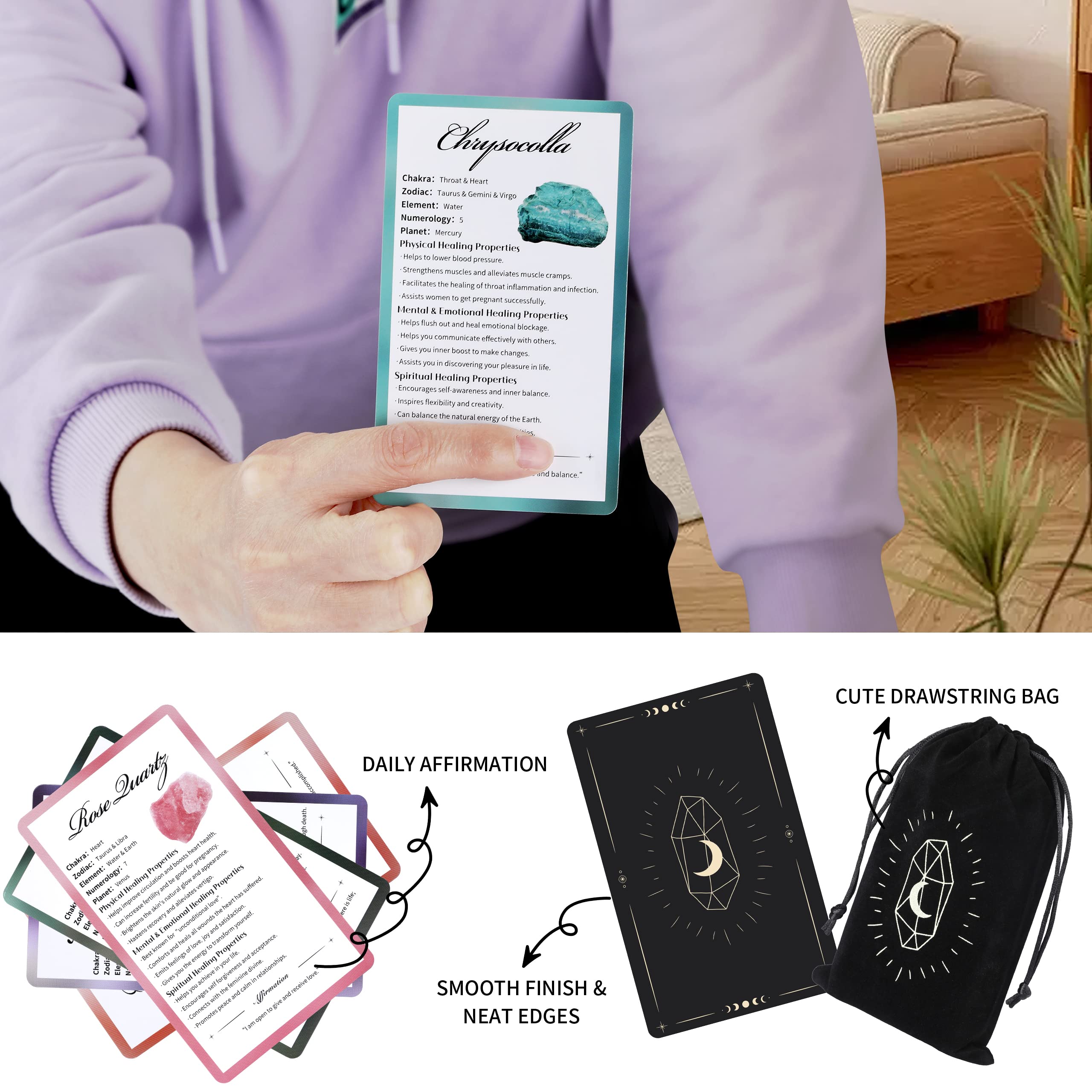 Healing Crystals Oracle Cards Deck - 60 Crystal & Stone Cards with Meanings, Guidebook for Beginners | Meditation, Spiritual Growth & Energy Work Gift Set