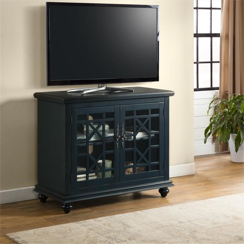 BOWERY HILL 38 Inch Traditional Wood TV Stand - Catalina Blue Finish for Living Room, Bedroom & Home Theater Entertainment Centers