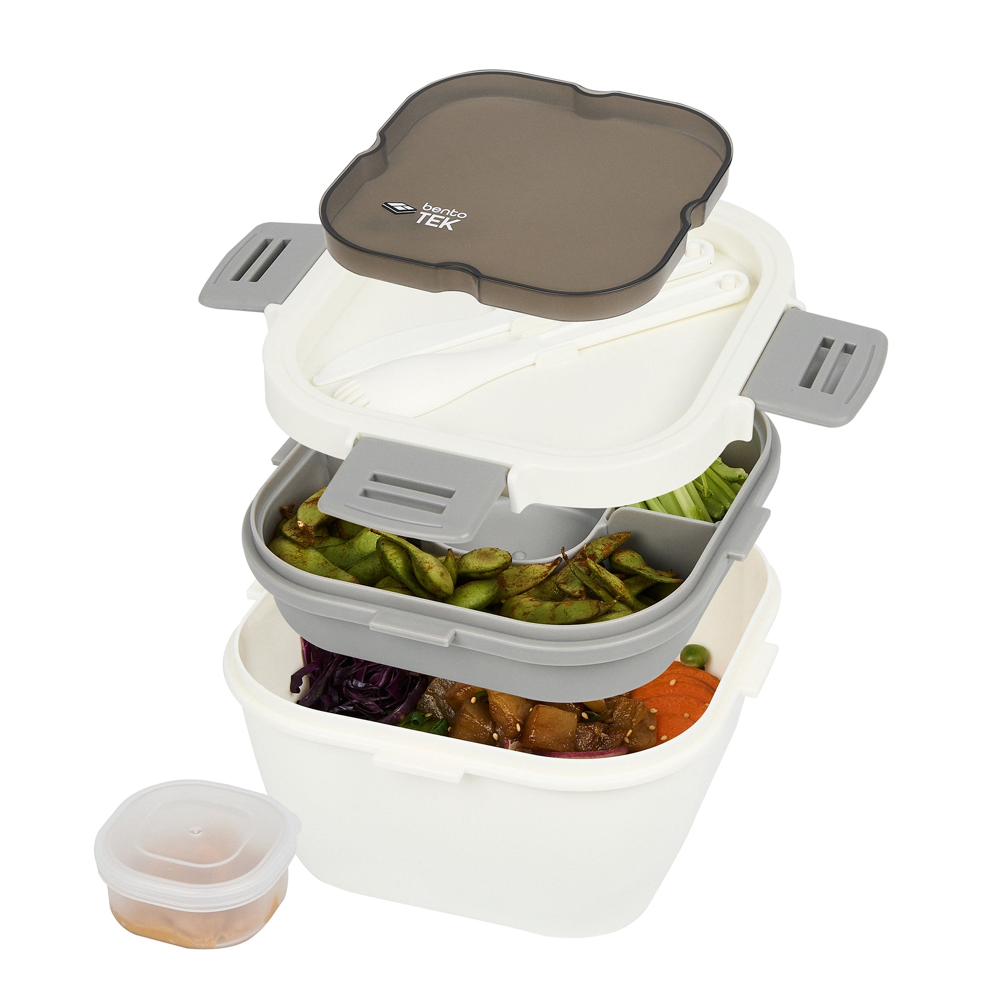 Bento Tek 58 oz White & Gray BPA Free Lunch Box - Microwave Safe, Includes Fork & Knife (7.25