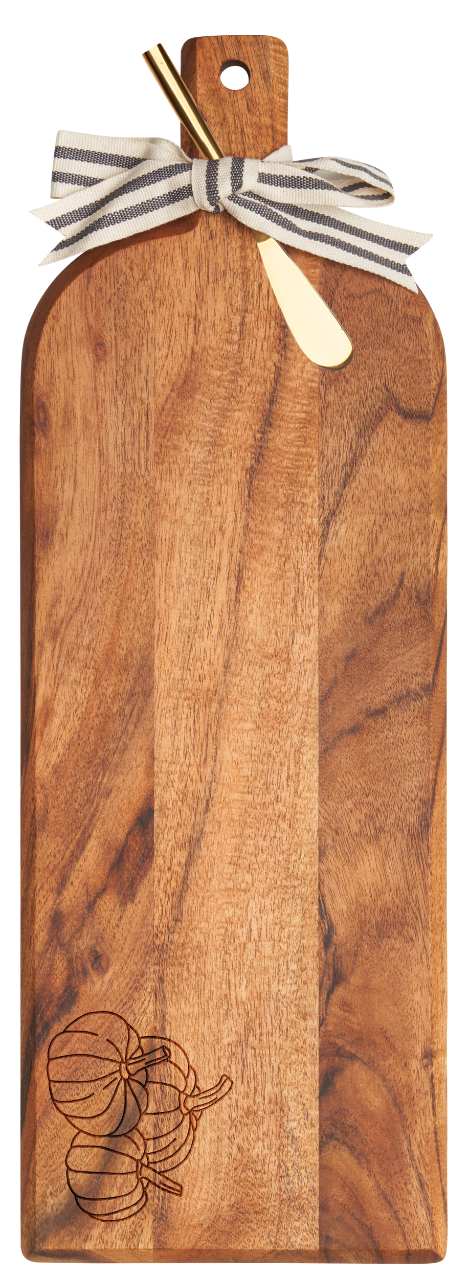 Premium Acacia Wood Beveled Charcuterie Board with Ribbon & Gold Cheese Knife Set | Three Pumpkin Design | 20