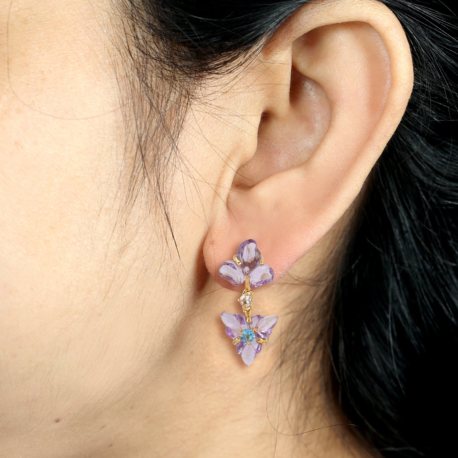 Exquisite Carved Amethyst with Blue Topaz & Sapphire Dangler Earrings in 14K Yellow Gold - Perfect for Weddings, Parties & Special Occasions