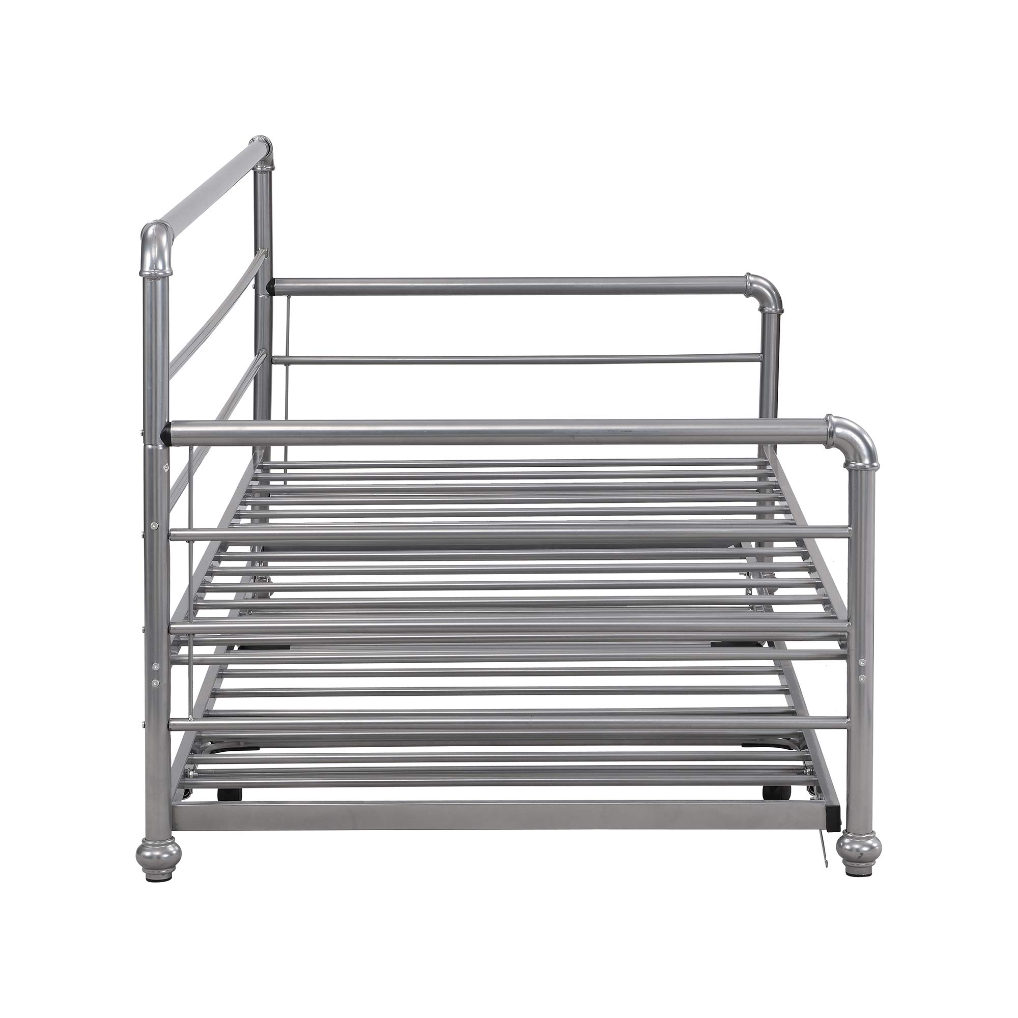 **Metal Twin Daybed with Adjustable Trundle - Industrial Style Twin Size Bed for Bedroom, Living Room, Guest Room - No Box Spring Needed (Silver, Pop-Up Trundle) - Perfect for Small Spaces, Sleepovers & Extra Seating**