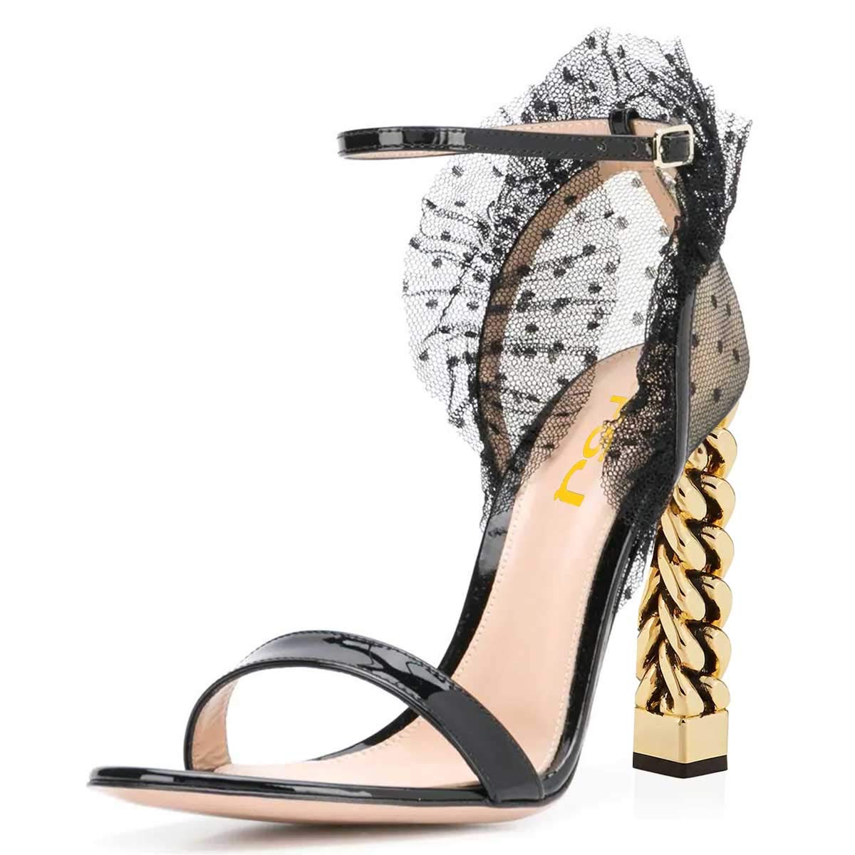 FSJ Women's Chunky Heel Ankle Strap Sandals - Gold Flower Metal Chain Open Toe Party Shoes for Prom, Wedding & Evening Events - US Size 4-15 (Wide Width Available) | Perfect for Special Occasions, Date Nights & Summer Weddings