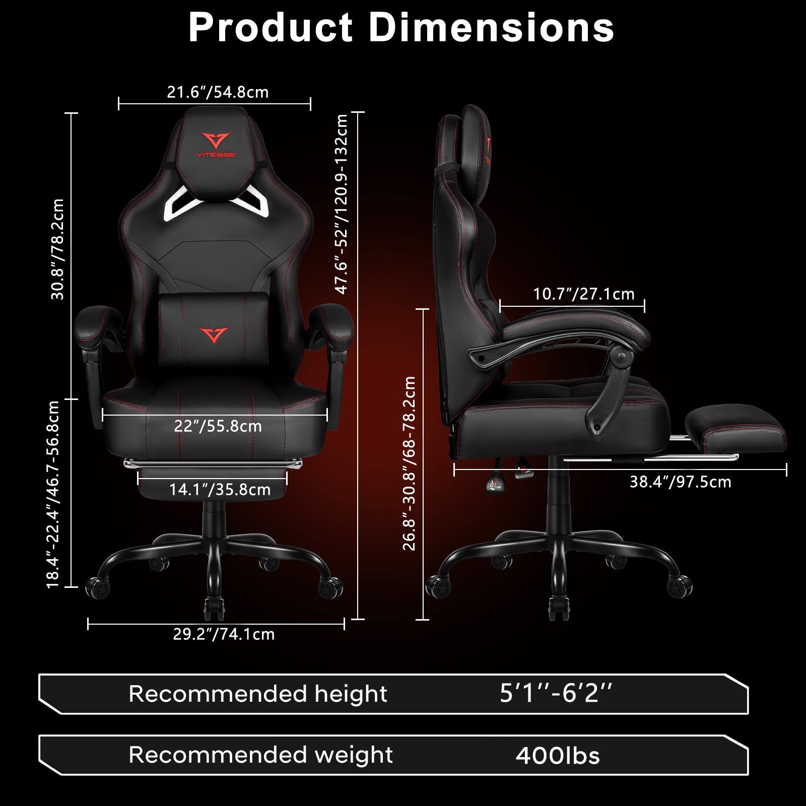 VITESSE Big and Tall Gaming Chair 400lb Weight Capacity - Ergonomic Office Chair with Adjustable Footrest, Oversized Headrest & Lumbar Support - Heavy Duty Computer Gaming Chair for Adults (Black/Red) - Perfect for Long Gaming Sessions, Home Office & Esports