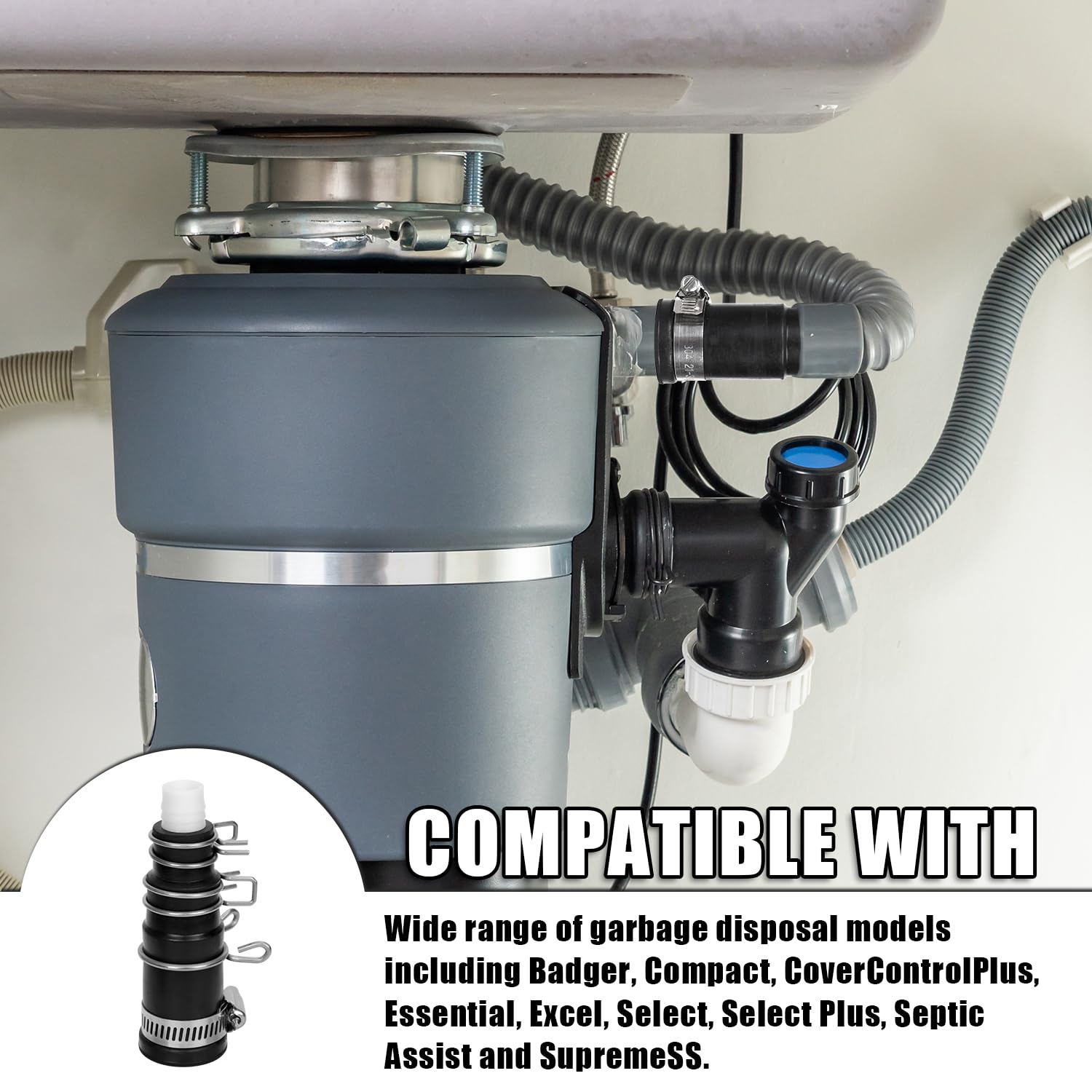 **Dishwasher Drain Hose Adapter - Compatible with Insinkerator Garbage Disposals, Universal Drain Hose Connector Kit (1 Inlet Connector, 1 Hose Clamp, 3 Spring Clamps) - Perfect for Kitchen Sink & Dishwasher Installation**