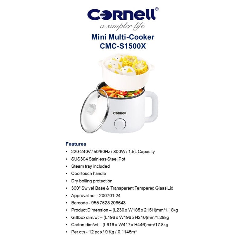 Cornell 1.5L Mini Multi Cooker with Steam Tray CMCS1500X - Compact Electric Rice Cooker, Slow Cooker & Food Steamer for Small Kitchens, Dorms & RVs - Perfect for Cooking Rice, Soup, Stew & Healthy Meals
