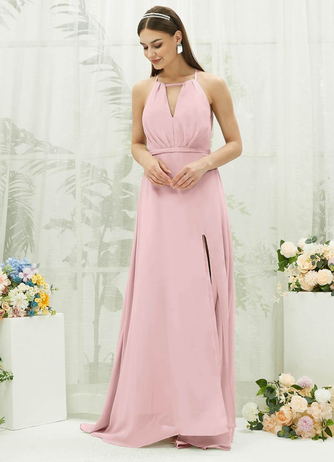 Elegant Blush Chiffon Halter V-Neck Backless Maxi Dress with High Slit - Perfect for Bridesmaids, Prom, Evening Gala & Formal Events
