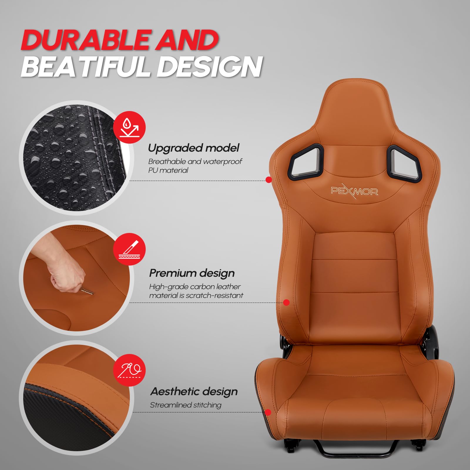 PEXMOR 2-Piece Reclinable Universal Racing Bucket Seats with Dual Slider - PU & Carbon Leather Adjustable Car Seats for Driver & Passenger (21.5