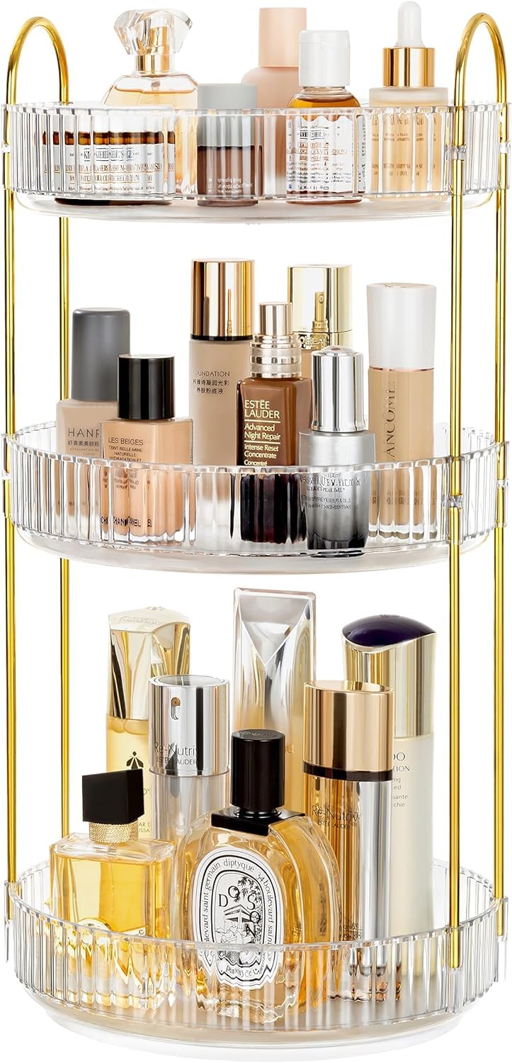 360° Rotating 3-Tier Clear Makeup Organizer for Vanity & Countertop - Spinning Cosmetic Brush, Skincare & Perfume Storage - Perfect for Bathroom, Bedroom & Dressing Table Organization