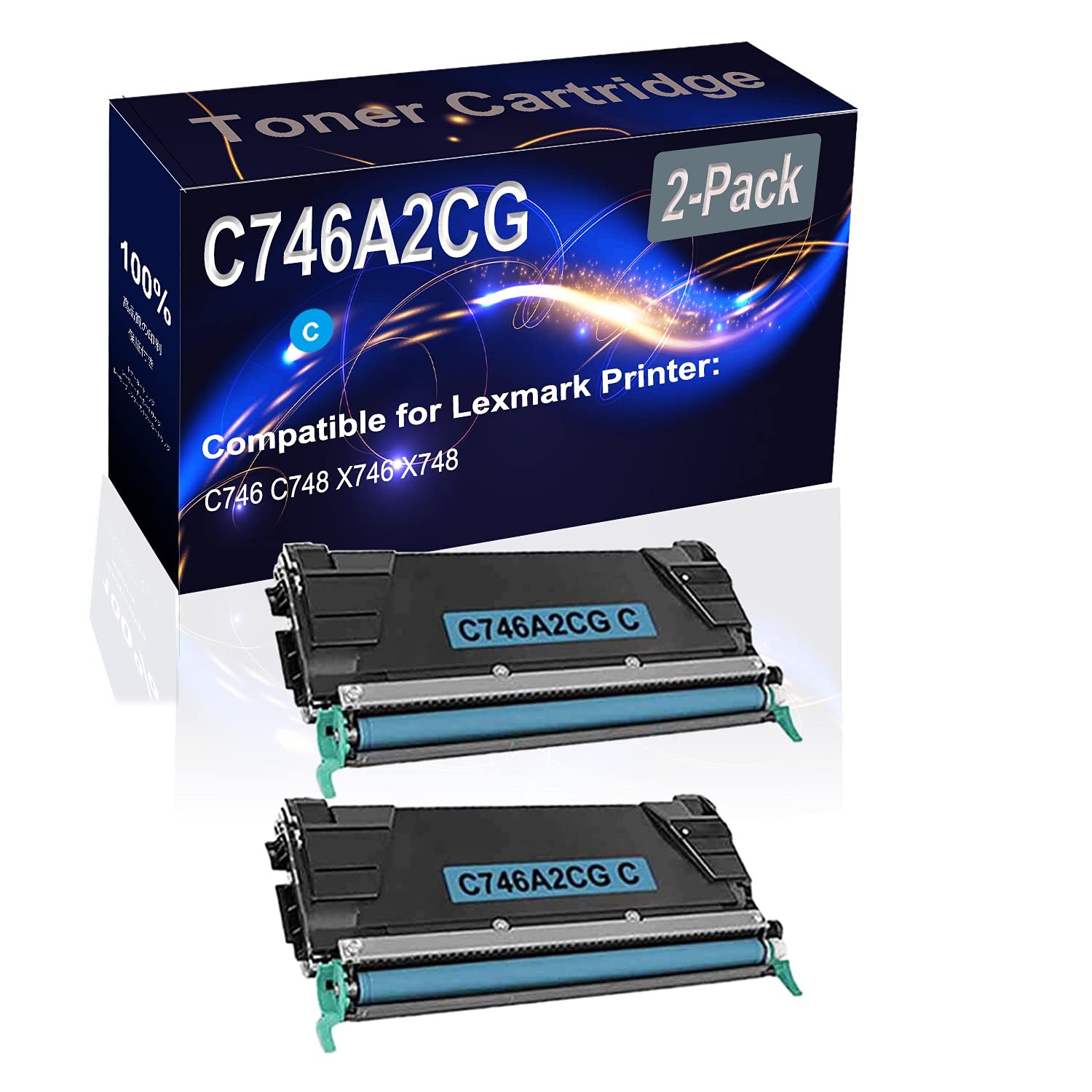 2-Pack High Capacity Cyan Laser Toner Cartridge - Compatible with HP C746 C748 X746 X748 Series - Replacement for C746A2CG Printer Toner | Perfect for Office Printing, Document Reproduction & High-Volume Business Use