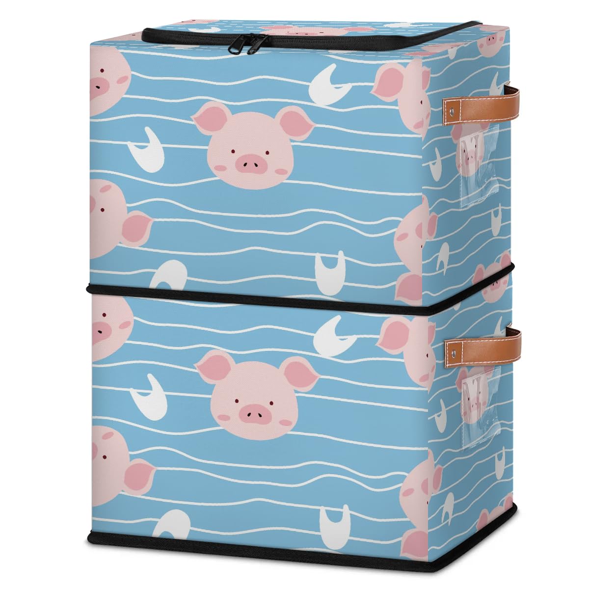 Pink Zippered Storage Bins with Metal Frame - 2 Pack Stackable Closet Organizer Baskets with PU Handles | Perfect for Clothes, Toys & Home Organization in Bedroom, Nursery or Dorm Room