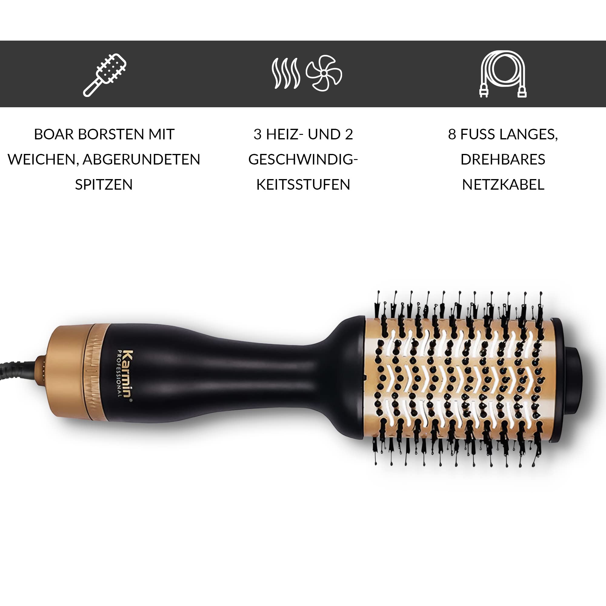KARMIN Salon Pro Ionic Hair Dryer Brush - Round Blowout & Styler with Ceramic & Negative Ion Technology, Ultra-Light Volumizing Hair Styling Tool, 3 Heat & 2 Speed Settings (Black) - Perfect for Home Use, Travel & Salon-Quality Blowouts