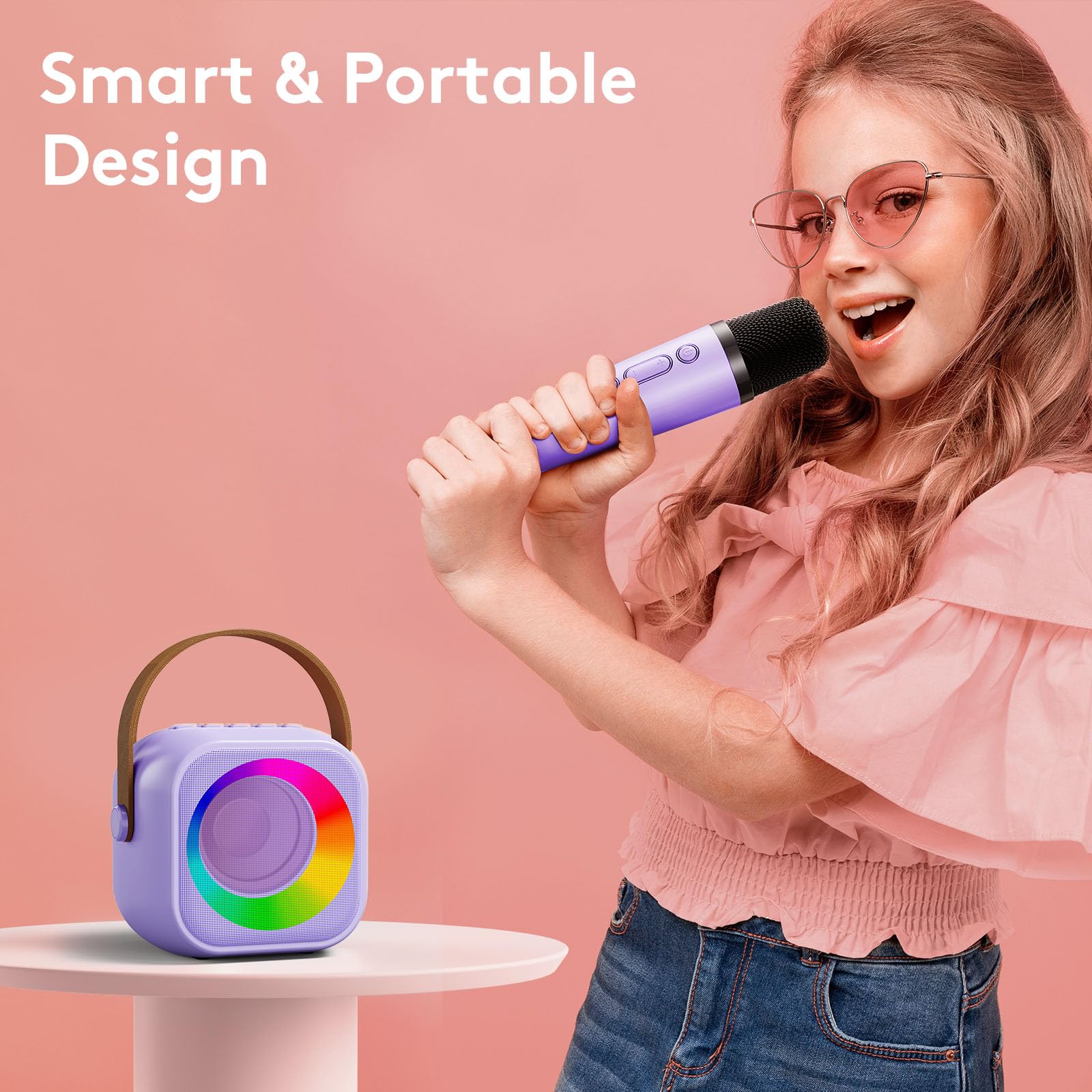 Portable Bluetooth Karaoke Microphone Speaker for Kids - Mini Singing Machine with 2 Wireless Mics, Easter & Birthday Gift for Girls Ages 4-10 | Home Parties, Travel Entertainment, Family Fun