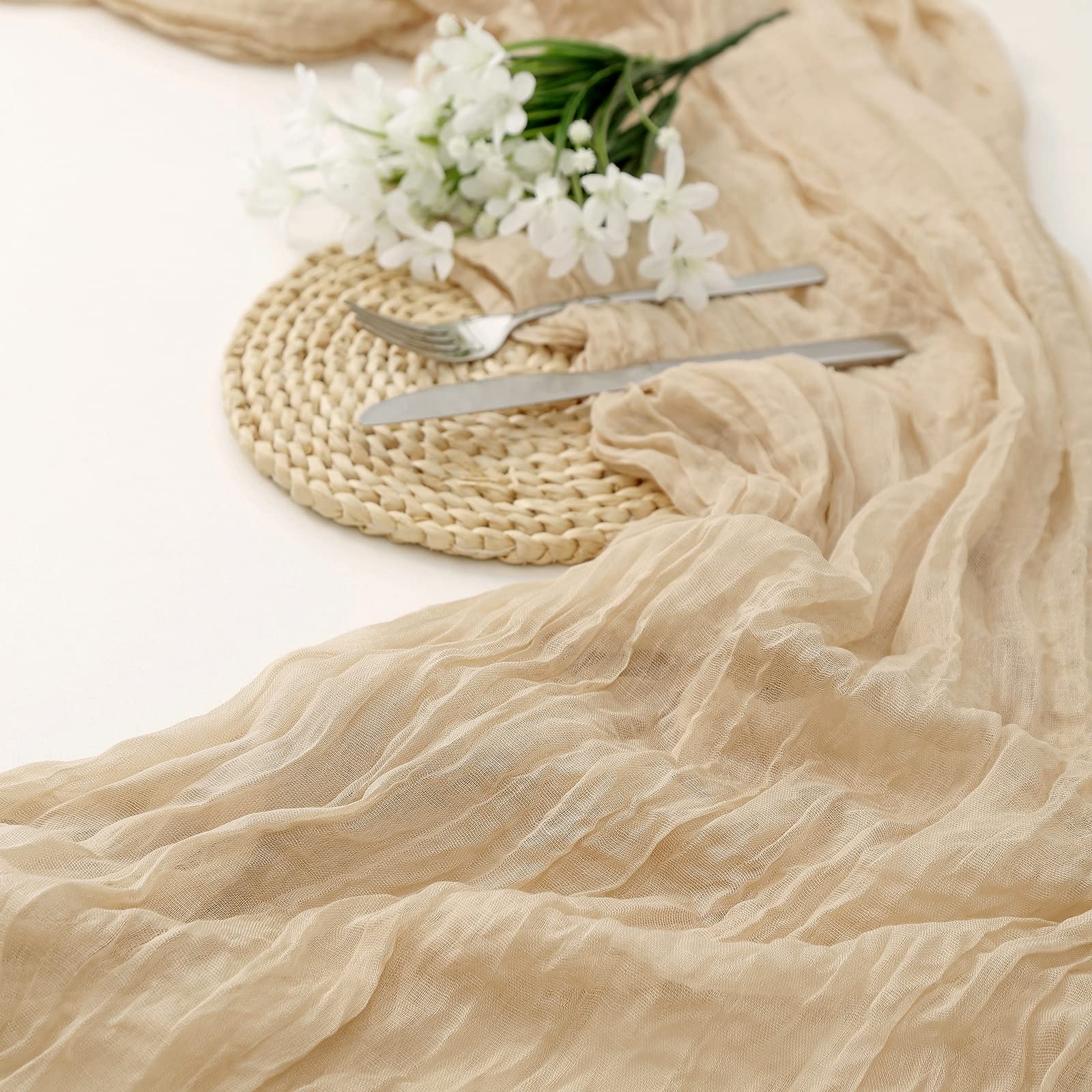 8PCS Beige Cheesecloth Table Runners - 13.3ft Boho Gauze Fabric, Rustic Sheer Table Decor for Wedding, Bridal Shower, Birthday Party, Cake Table, Home Dining & Outdoor Picnic Decorations
