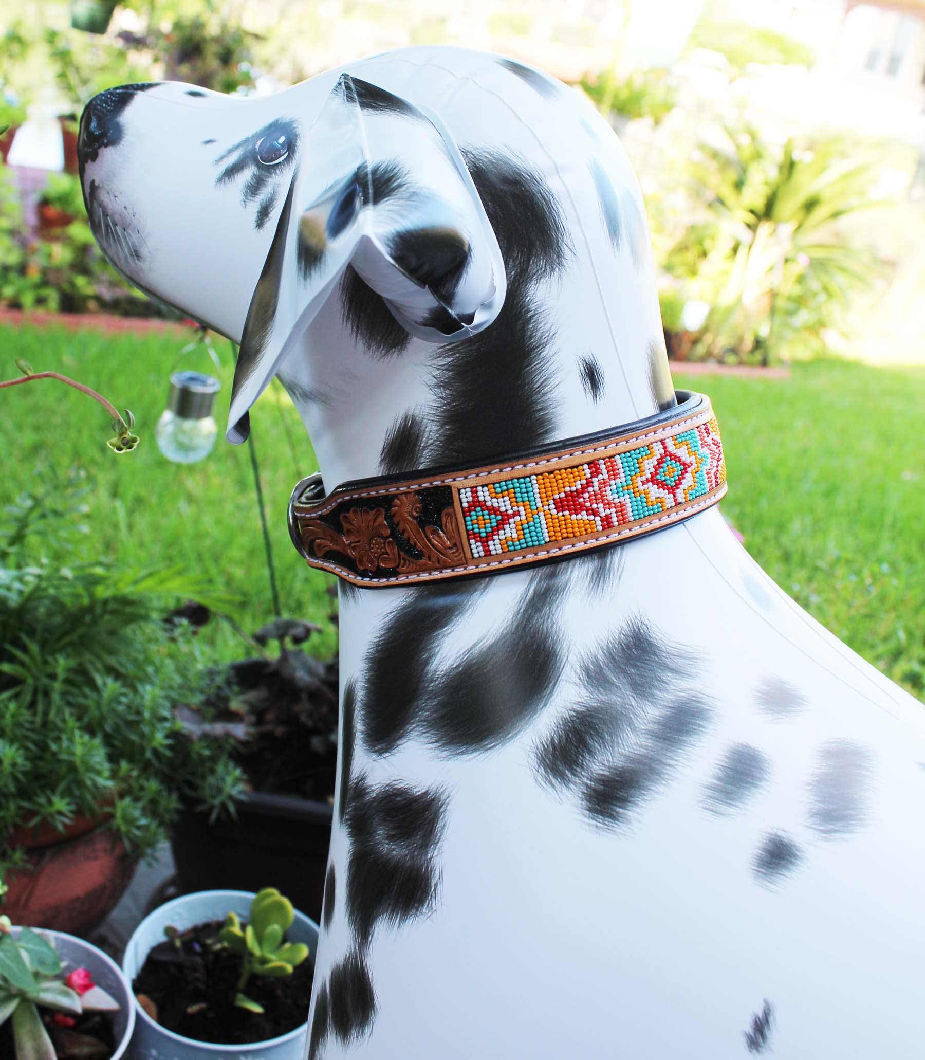 Hand-Tooled Beaded Padded Leather Dog Collar for Small & Medium Dogs - CHALLENGER 60164 - Durable & Stylish Pet Collar for Walks, Training & Everyday Use