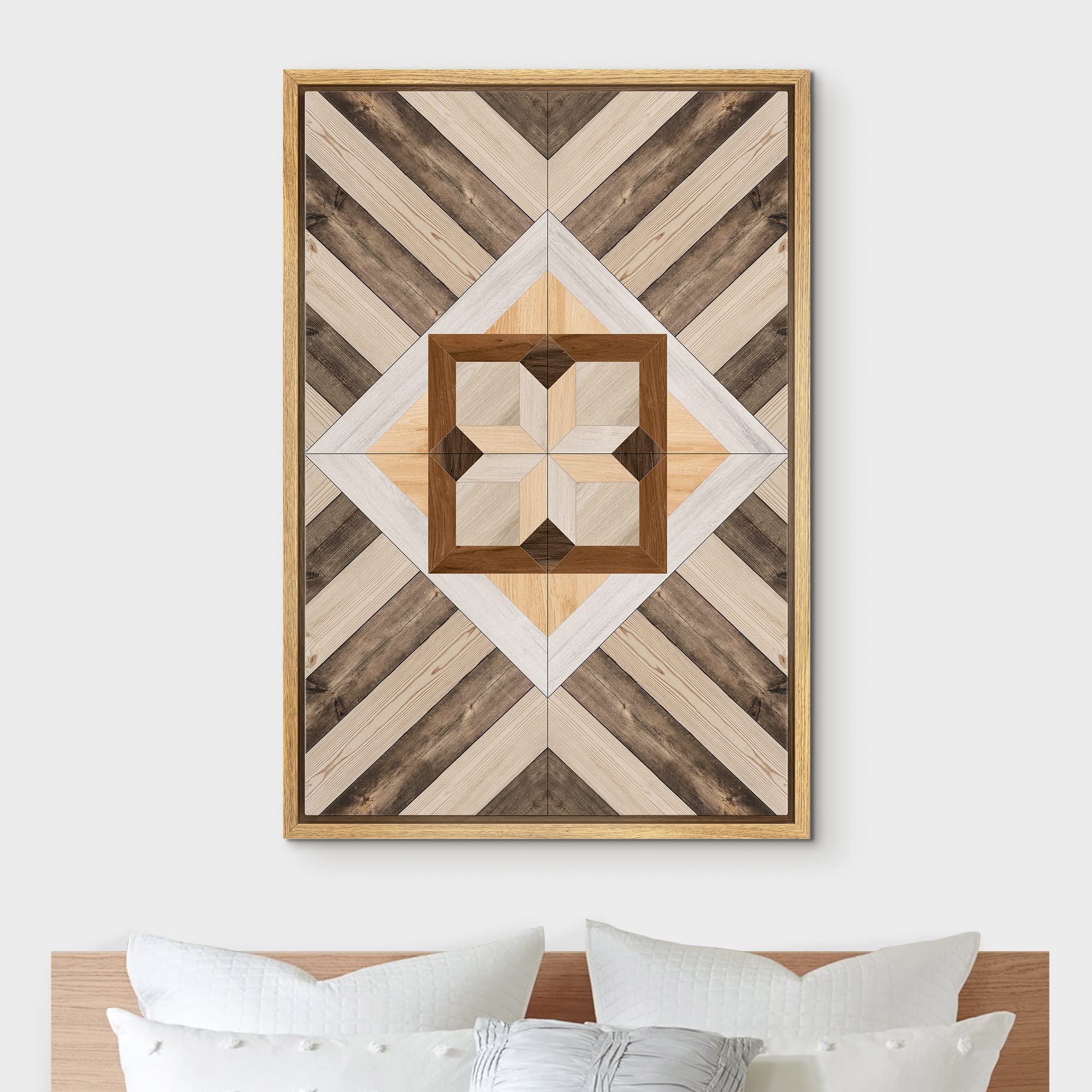 IDEA4WALL Framed Canvas Print Wall Art - Western Decor Geometric Polygon Wood Panel Pattern, Abstract Shapes Modern Nordic Minimal Boho Style for Living Room, Bedroom, Office, Dorm, and Studio - 24