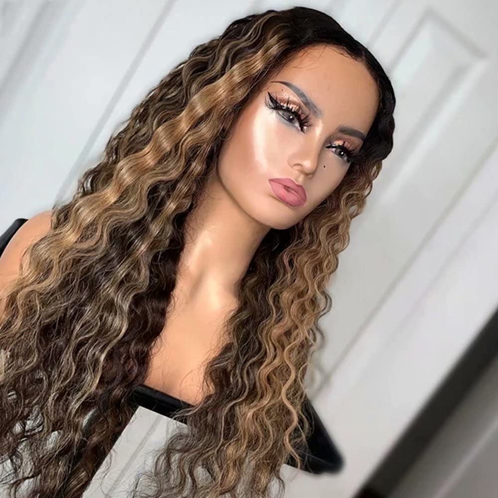 13x6 HD Transparent Lace Human Hair Wig - 180% Density Ombre Curly Brazilian Remy Hair, Pre-Plucked with Baby Hair, Glueless Deep Wave Design, 24 Inch for Women | Perfect for Daily Wear, Parties, and Special Occasions