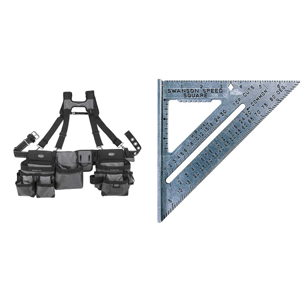 Bucket Boss Mullet Buster 3-Pocket Tool Belt with Adjustable Suspenders - Grey & Black (Model 55135) | SWANSON Tool Co S0101 7-Inch Aluminum Speed Square (Blue) - Perfect for Carpentry, Roofing & DIY Projects
