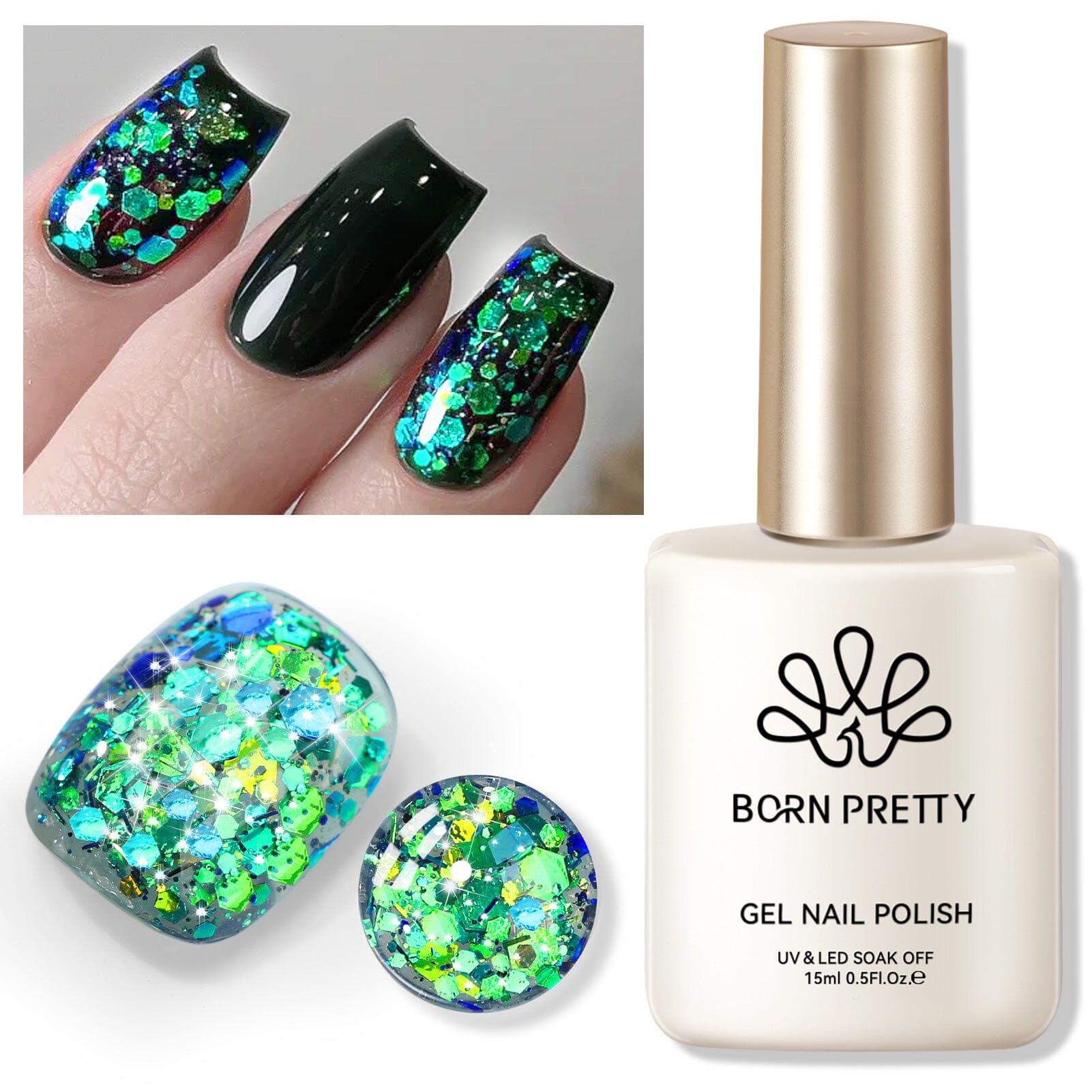 Green Colorful Sequins Glitter Gel Polish SG11 Peacock 15ml - Long Lasting Nail Art Polish for Manicure & Pedicure - Perfect for Parties, Weddings, and Special Occasions