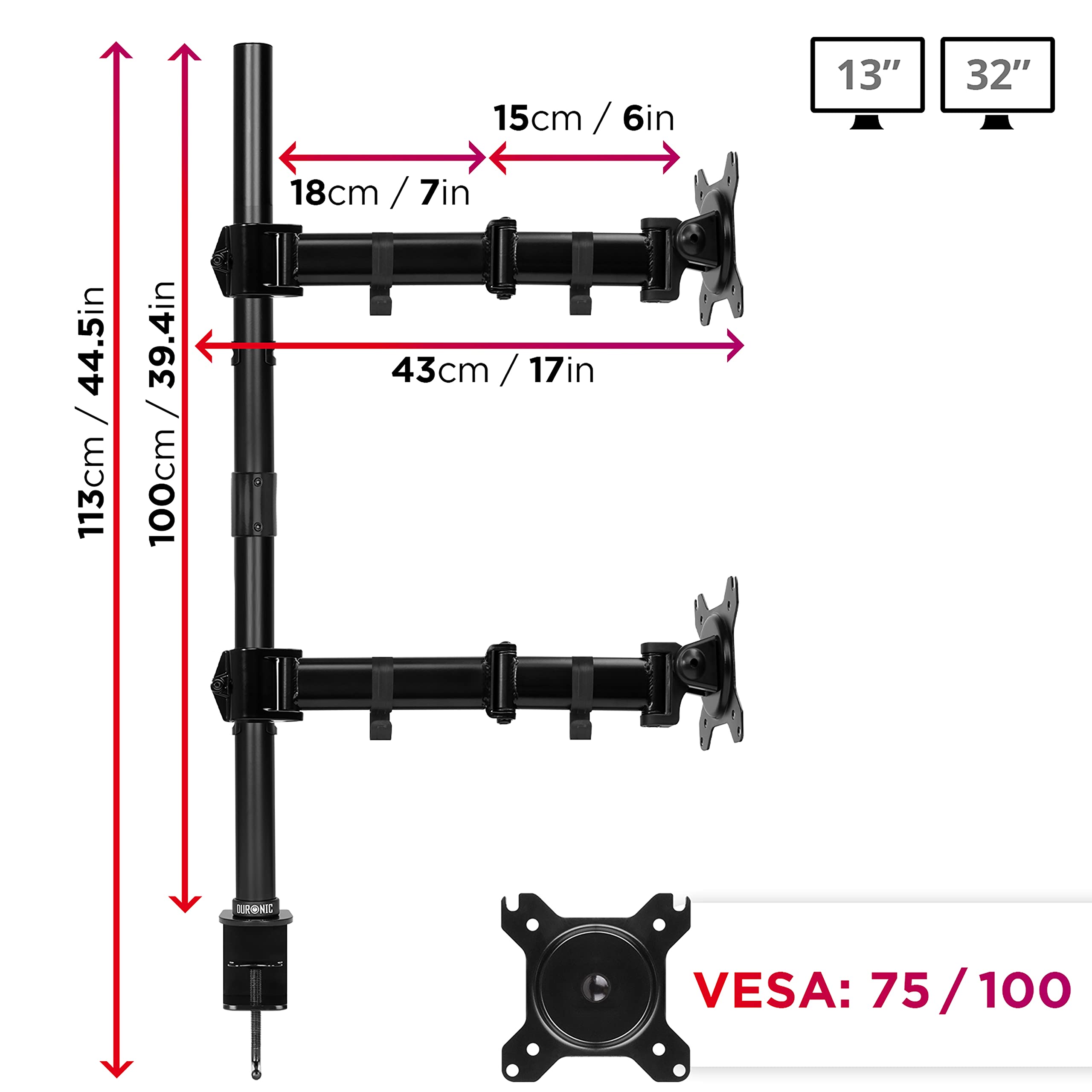 Duronic DMT252VX2 Dual Monitor Stand - Height Adjustable Desk Mount with 100cm Pole & C-Clamp for 13-27