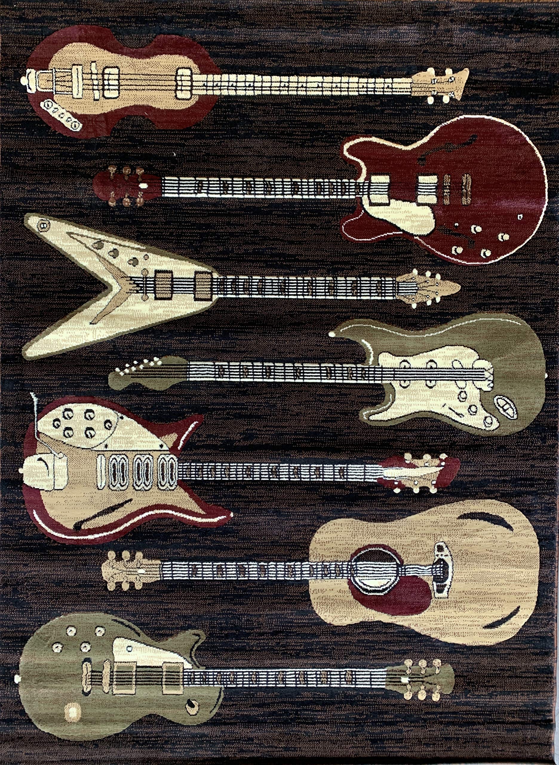 Americana Guitar Music Instrument Area Rug - Black Burgundy Brown Beige Design (5'2