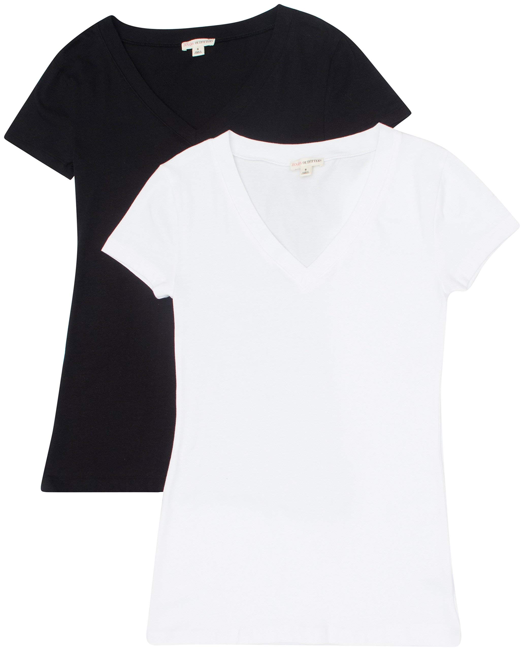2 Pack Zenana Women's Basic V-Neck T-Shirts - Soft Cotton Casual Tees for Everyday Wear, Lounge & Layering | Perfect for Work, Weekend & Travel Outfits