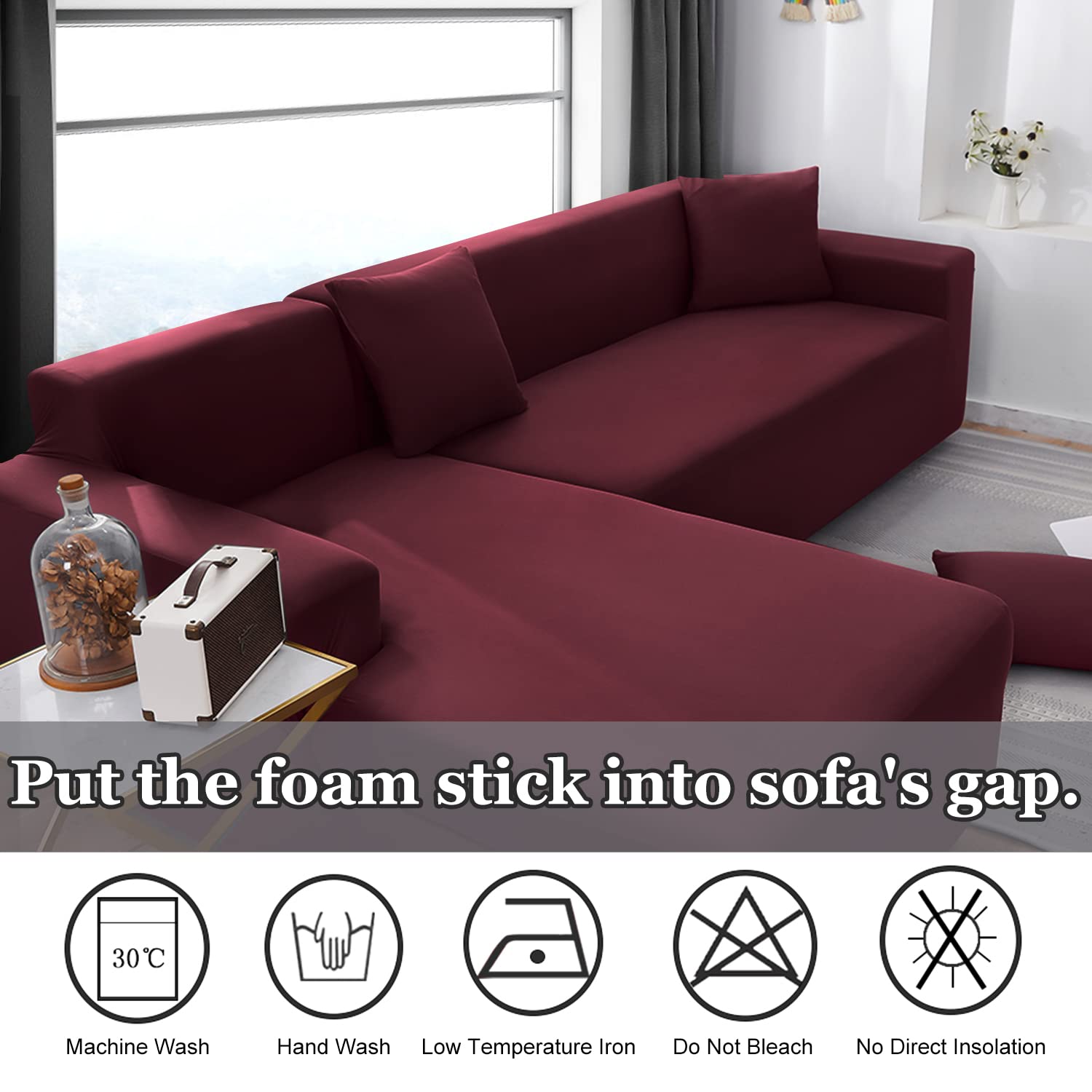 Stretchable L-Shaped Sectional Sofa Cover 2-Piece Set with Pillowcases - Soft Furniture Protector Slipcover for 3-Seater Couches (Burgundy) - Perfect for Living Room, Family Room & Home Theater Seating Protection